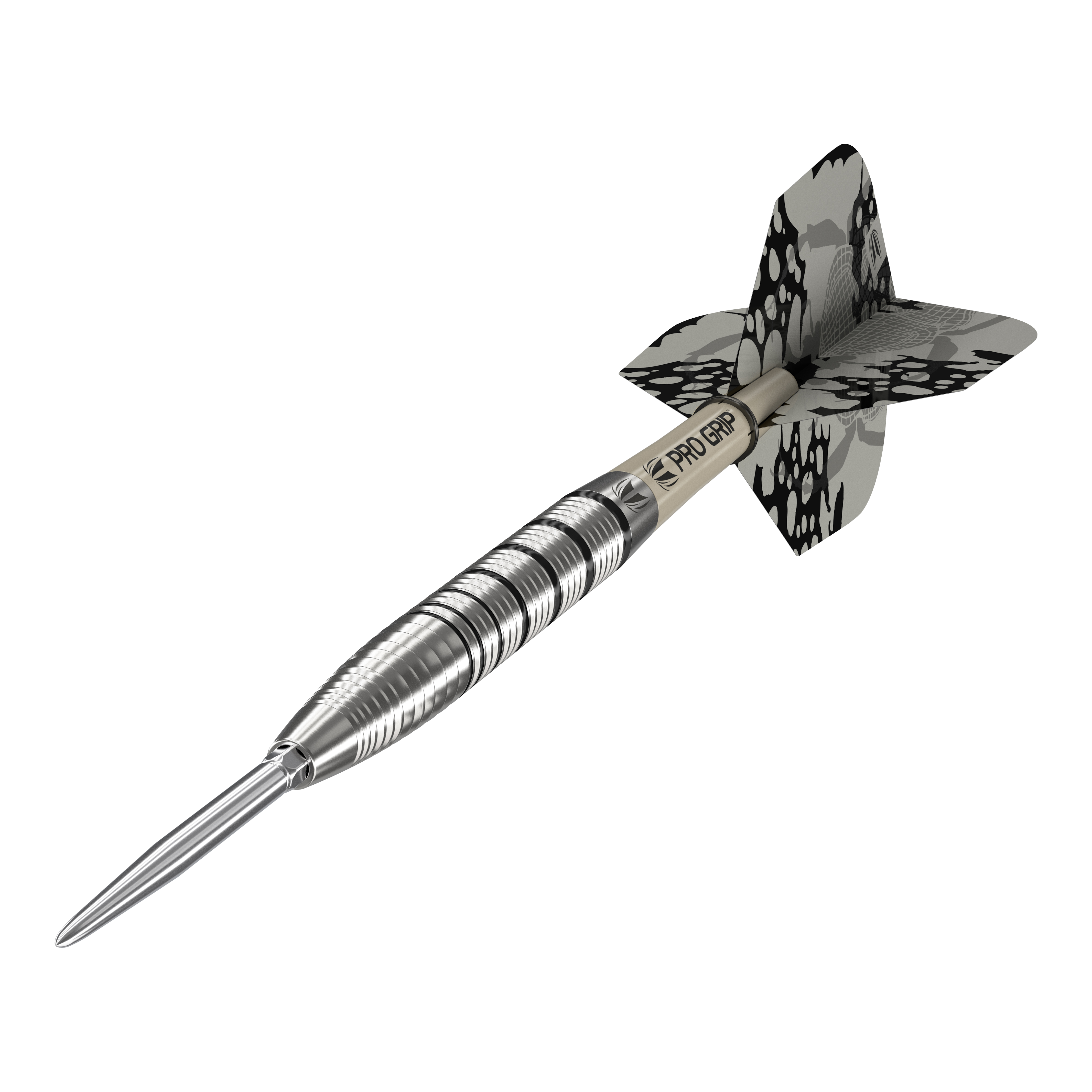Fléchettes en acier Target EXO SP02 Swiss Point Das Bild zeigt den Target EXO SP02 Swiss Point Steeldart. Der Dart hat ein silbernes Griffstück mit schwarzen Akzenten und eine schwarz-gemusterte Flight.