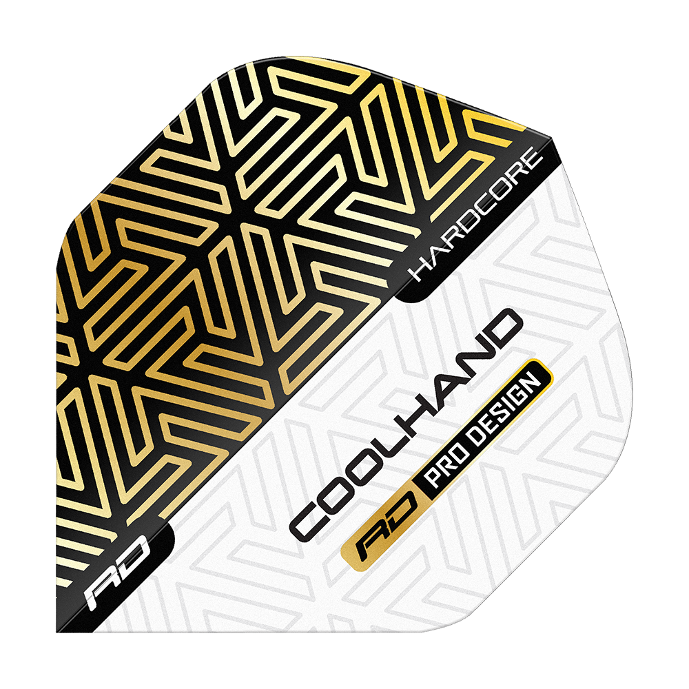 Vols Red Dragon Hardcore Luke Humphries Gold White Premium Standard Das Bild zeigt einen Dartflight mit gold-schwarzem und weißem geometrischen Muster. Auf dem Flight stehen die Worte "HARDCORE", "COOLHAND" und "RD PRO DESIGN".
