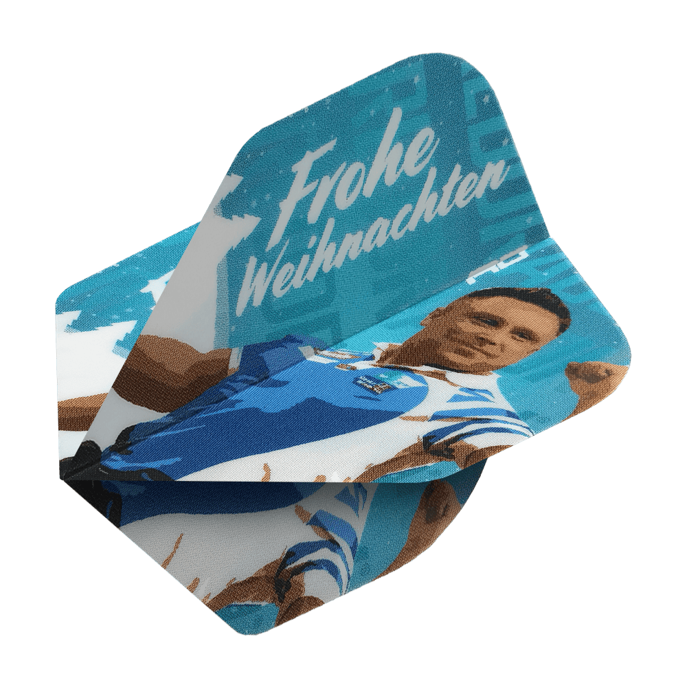 Das Bild zeigt Dart-Flights mit einem Weihnachtsmotiv in Blau. Auf den Flights steht "Frohe Weihnachten" und es ist ein Bild von Gerwyn Price abgebildet.