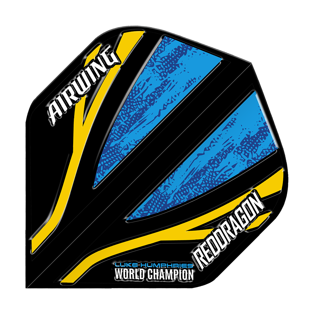 L'escadron aérien Red Dragon, Luke Humphries, champion du monde, vols standard noirs et bleus Das Bild zeigt ein Dart-Flight mit schwarzem, blauem und gelbem Design. Auf dem Flight stehen die Wörter "AIRWING", "REDDRAGON" und "LUKE HUMPHRIES WORLD CHAMPION".