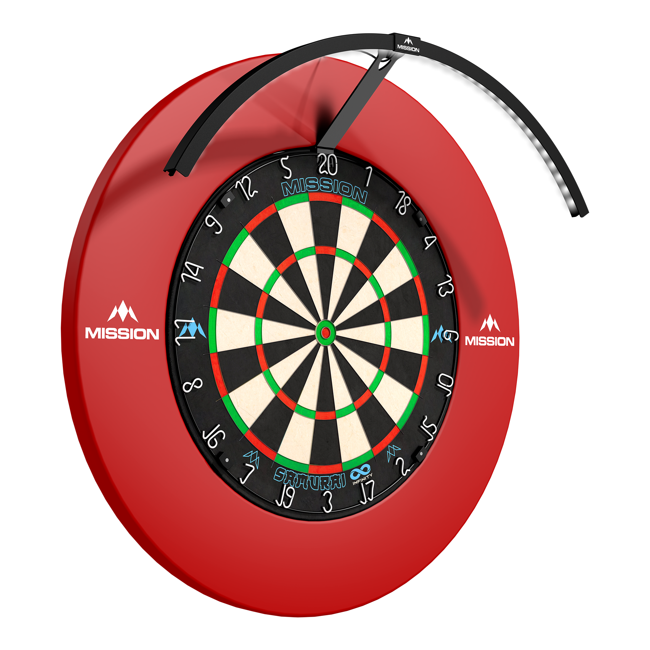 Système d'éclairage LED Mission Torus 120 - Noir Das Foto zeigt das Mission Torus 120 LED Beleuchtungssystem in schwarzer Farbe. Das Produkt ist für eine gleichmäßige Ausleuchtung des Dartboards konzipiert.