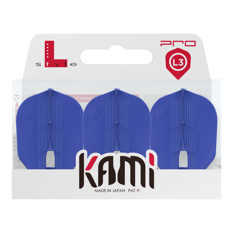 Vols KAMI L3PRO de style L Das Bild zeigt eine Verpackung mit drei blauen Dart-Flights der Marke L-Style. Auf der Verpackung steht "kami" und "Made in Japan".