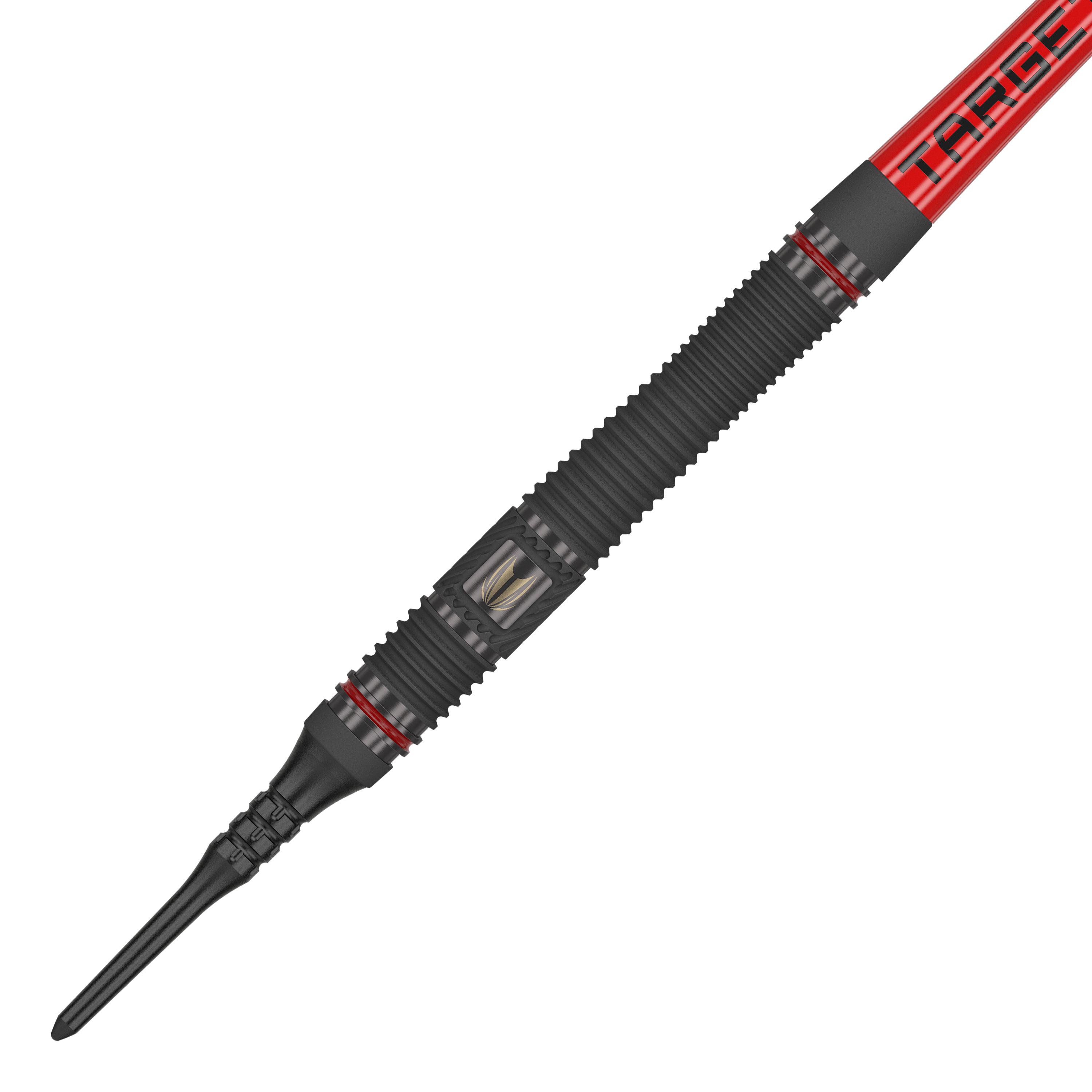 Target Scope 11 fléchettes souples Das Bild zeigt einen Target Scope 11 Softdart. Der Dartpfeil ist überwiegend schwarz mit roten Akzenten und einer geriffelten Oberfläche für besseren Halt.
