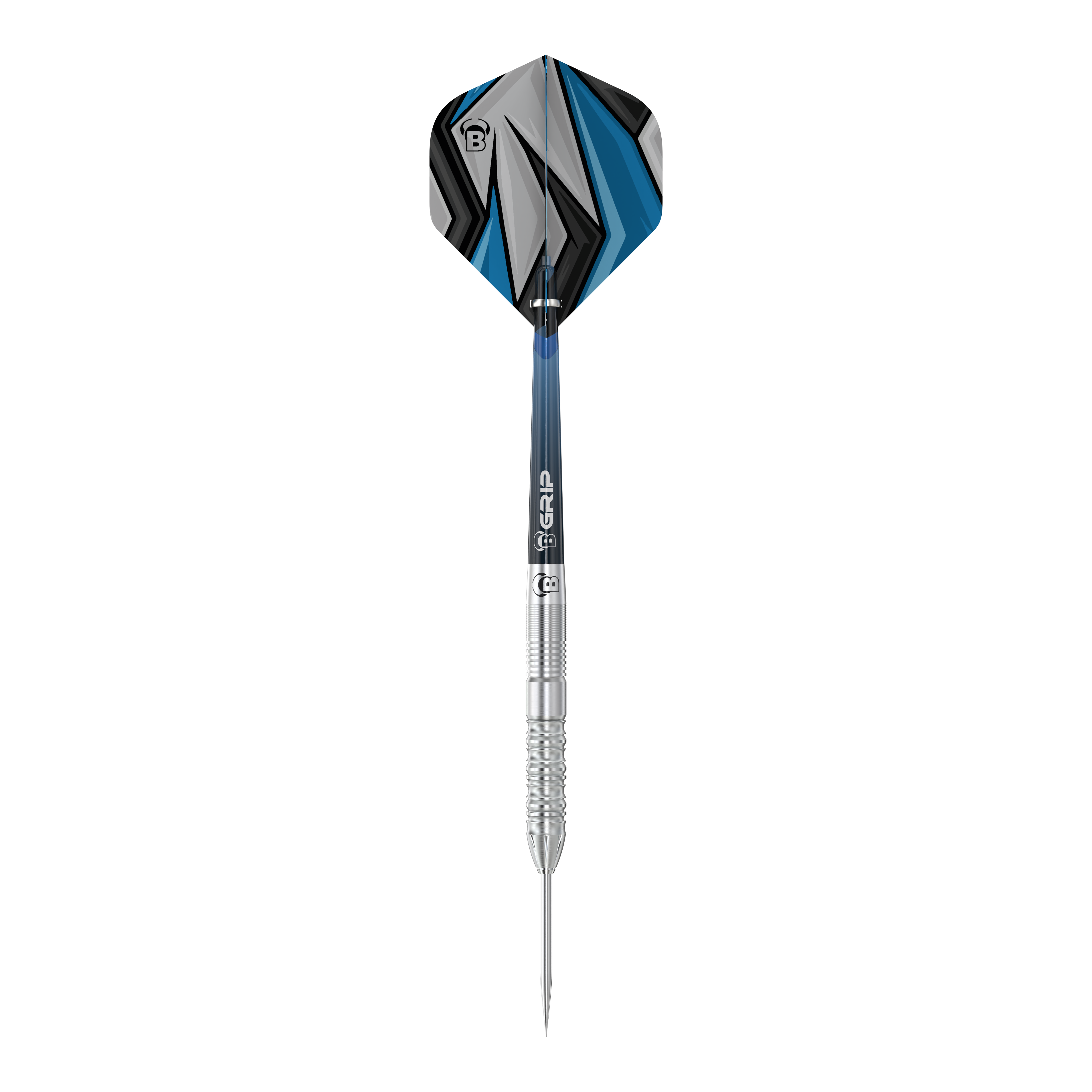 Fléchettes en acier Bulls Stone S2 Das Bild zeigt einen Bulls Stone S2 Steeldart mit silbernem Schaft und spitzer Metallspitze. Die Flights sind in Blau, Schwarz und Grau mit einem modernen, geometrischen Muster gestaltet.