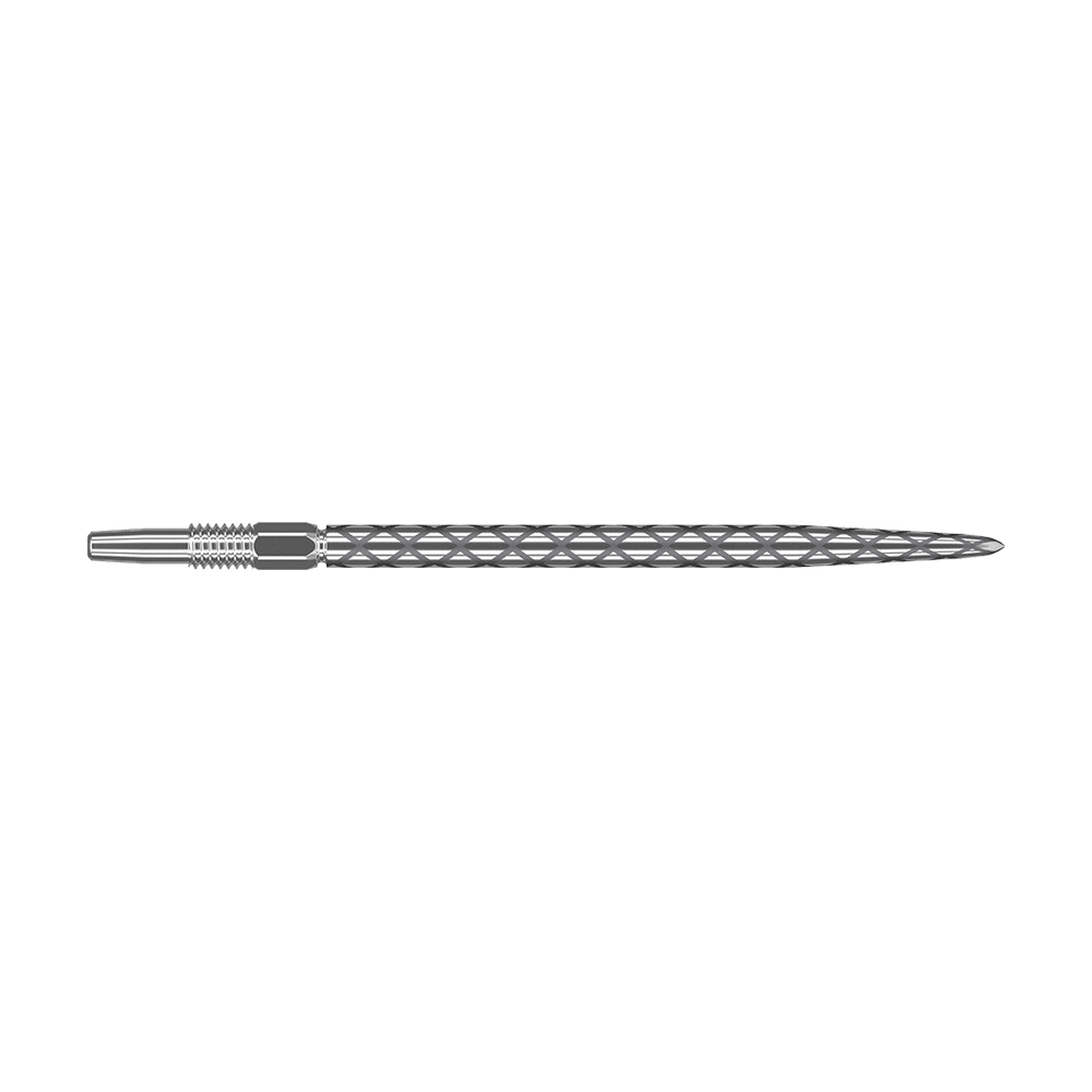 Pointes de fléchettes Target Swiss Diamond Pro Silver Points Das Bild zeigt eine silberne Dartspitze mit einem rautenförmigen Muster auf der Oberfläche. Sie ist lang und schmal gestaltet und besitzt ein Schraubgewinde am hinteren Ende.