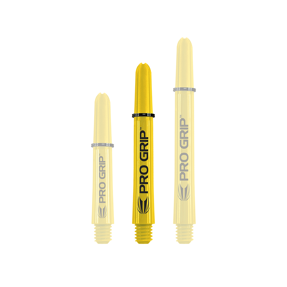 Tiges Target Pro Grip - 3 jeux - Jaune Auf dem Bild sind drei gelbe Dart-Schäfte der Marke "Pro Grip" in verschiedenen Längen zu sehen. Sie stehen aufrecht nebeneinander vor weißem Hintergrund.