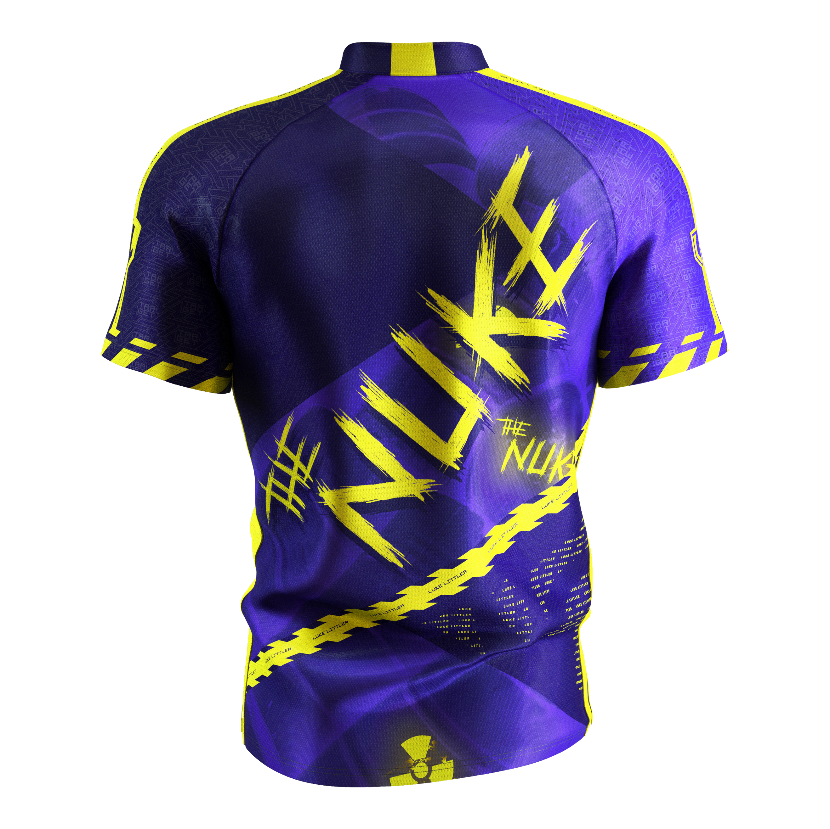 T-shirt de fléchettes Target Coolplay Luke Littler 2025 Das Bild zeigt das „Target Coolplay Luke Littler 2025 Dartshirt“ von hinten. Das Shirt ist überwiegend lila mit auffälligen gelben Designs und dem Schriftzug „NUKE“ auf dem Rücken.