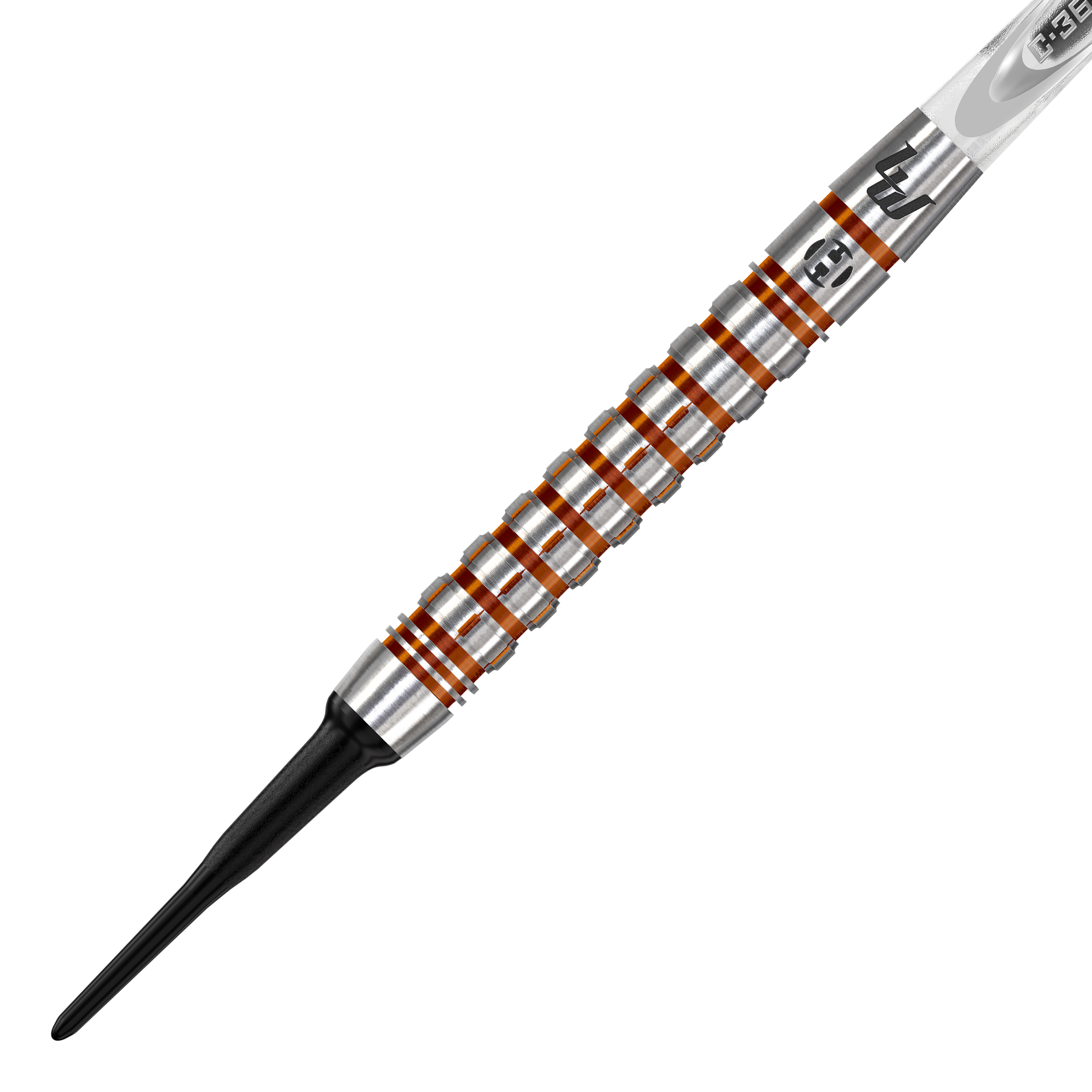Fléchettes souples Harrow's Luke Woodhouse série 2 - 18 g Das Bild zeigt einen Harrows Luke Woodhouse Series 2 Softdart mit einem Gewicht von 18g. Der Dart hat einen silbernen Griff mit auffälligen orangefarbenen Ringen und einer schwarzen Kunststoffspitze.