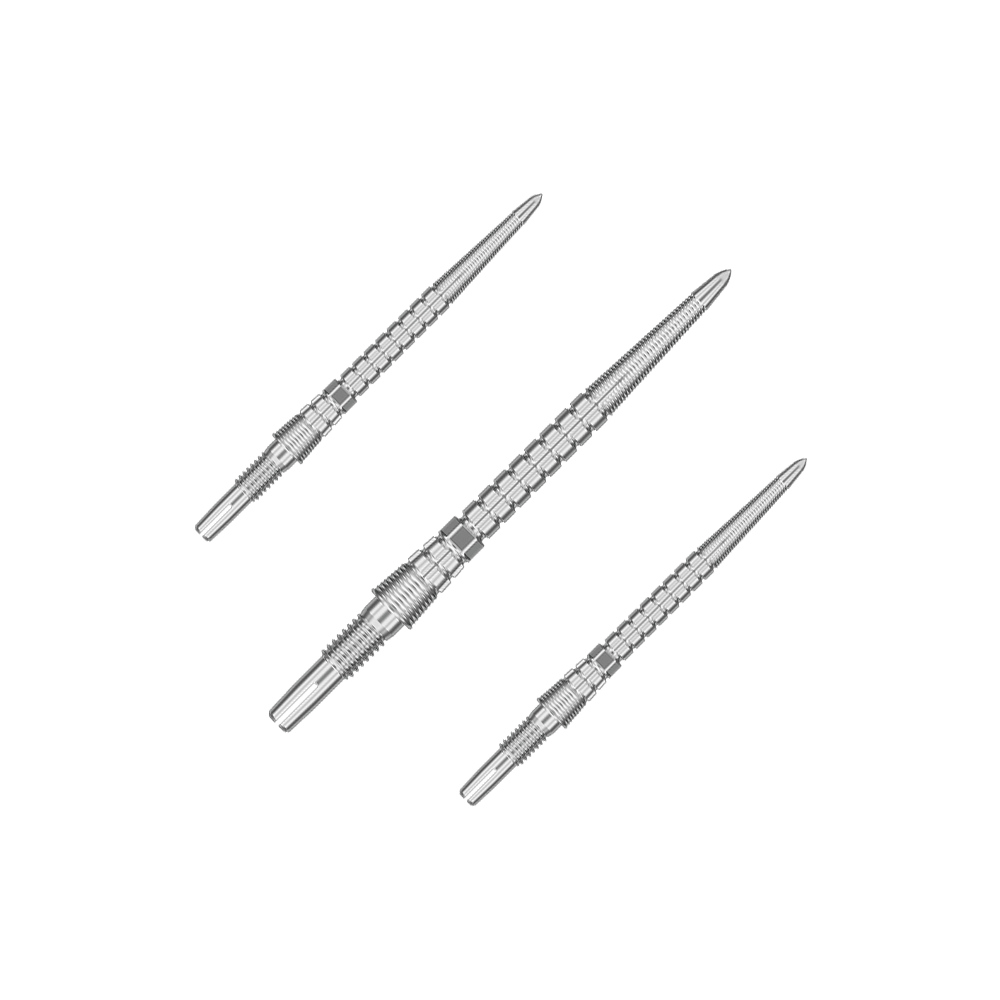 Mehrere silberne Dartspitzen bilden ein Set. Sie sind gerade nebeneinander platziert.
