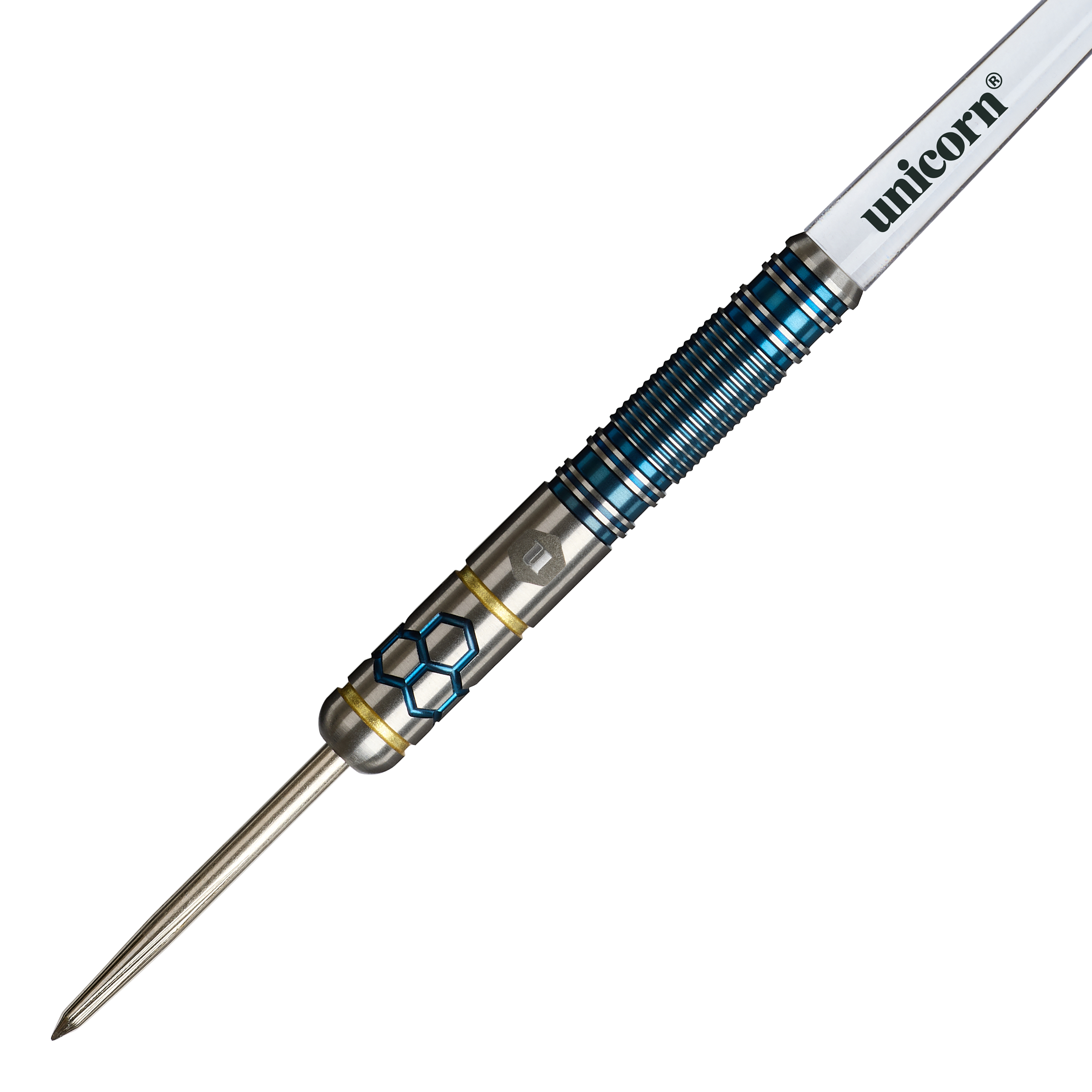 Fléchettes en acier Unicorn Hexium Style 02 bleues et dorées Hier sind die Unicorn Hexium Style 02 Blue & Gold Steeldarts zu sehen. Das Produkt überzeugt durch sein modernes Design.