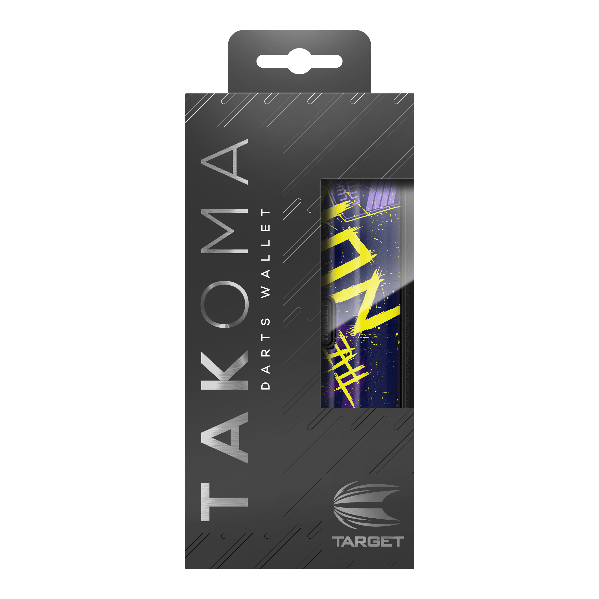 Étui à fléchettes Target Takoma Luke Littler Die Abbildung zeigt die Verpackung des "Target Takoma Luke Littler Dartcase". Die Schachtel ist überwiegend schwarz mit silberner Schrift und einem Sichtfenster, das einen Teil des Dartcase-Designs zeigt.