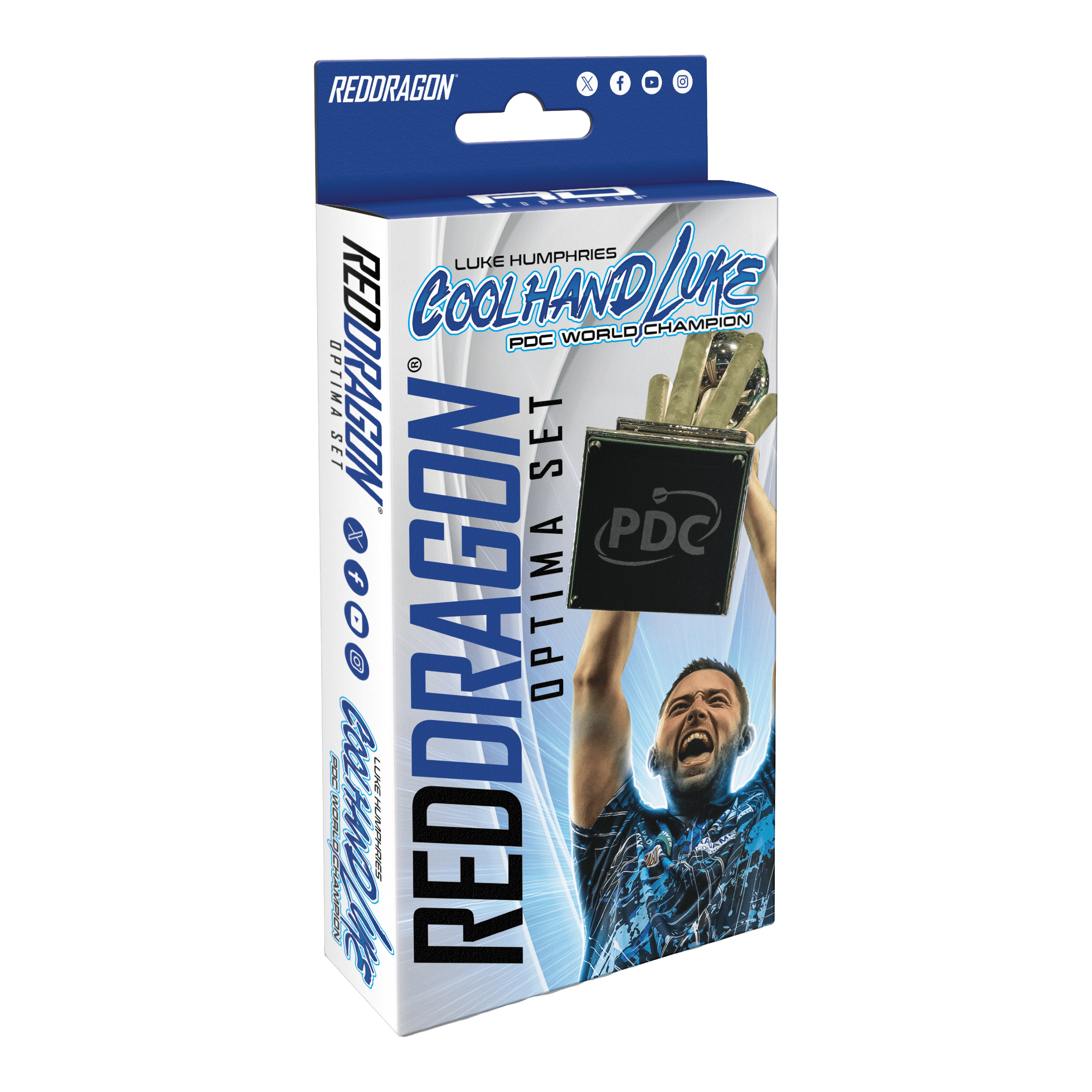 Pack d'accessoires Red Dragon Luke Humphries Optima Die Verpackung zeigt das Produkt "Red Dragon Luke Humphries Optima Zubehör Pack". Auf der Vorderseite ist ein jubelnder Luke Humphries und ein Pokal abgebildet.