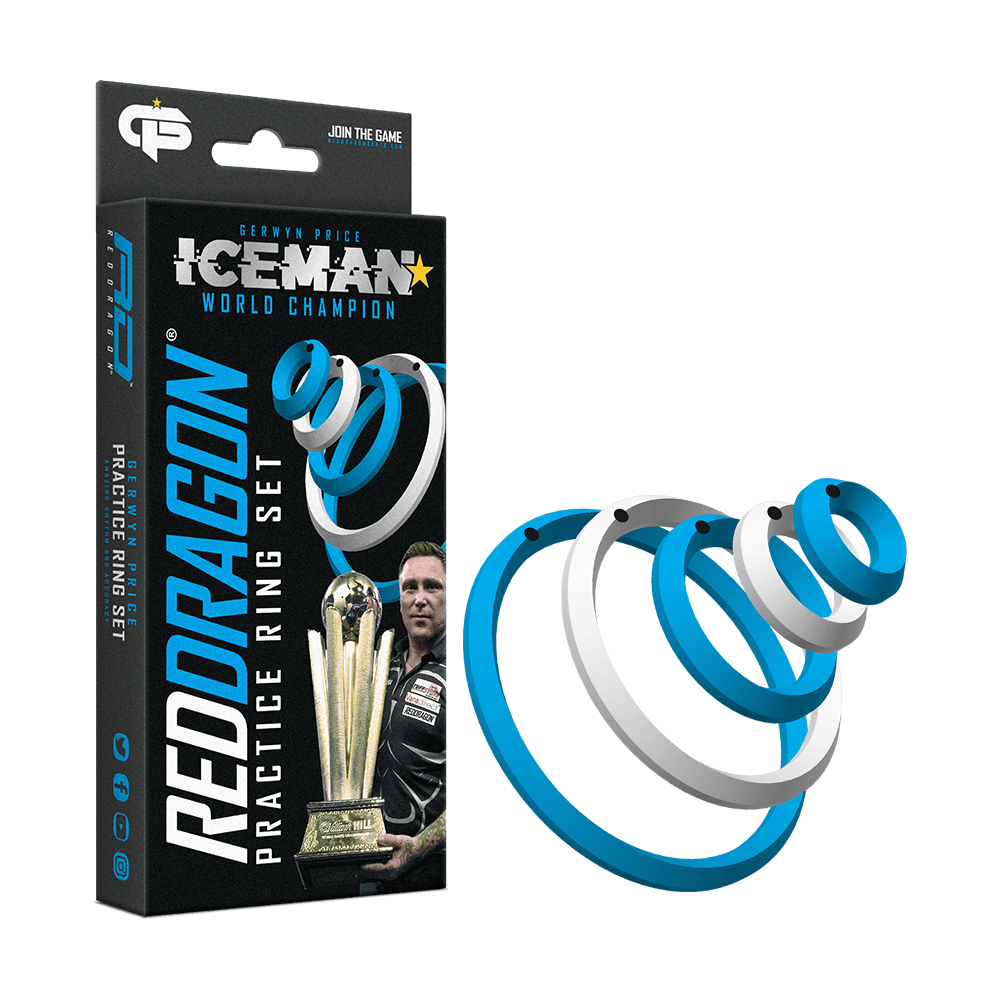 X0610_Red_Dragon_Gerwyn_Price_Practice_Rings_1 Das Bild zeigt die "Red Dragon Gerwyn Price Practice Rings" Verpackung zusammen mit den farbigen Trainingsringen. Auf der Verpackung ist auch ein Bild von Gerwyn Price und einer Trophäe zu sehen.