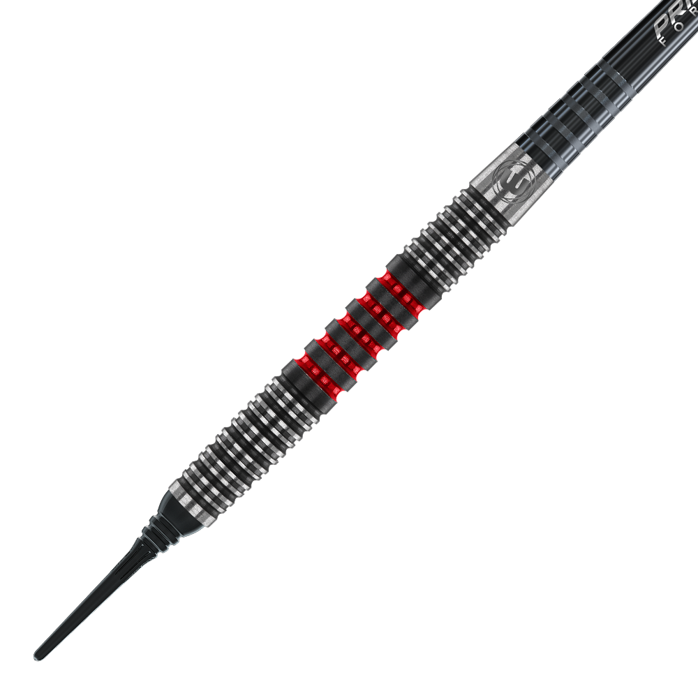 2443_Winmau_Joe_Cullen_90_Softdarts_2 Das Bild zeigt einen Winmau Joe Cullen Softdart. Der Dart hat ein schwarz-silbernes Design mit auffälligen roten Ringen in der Mitte.