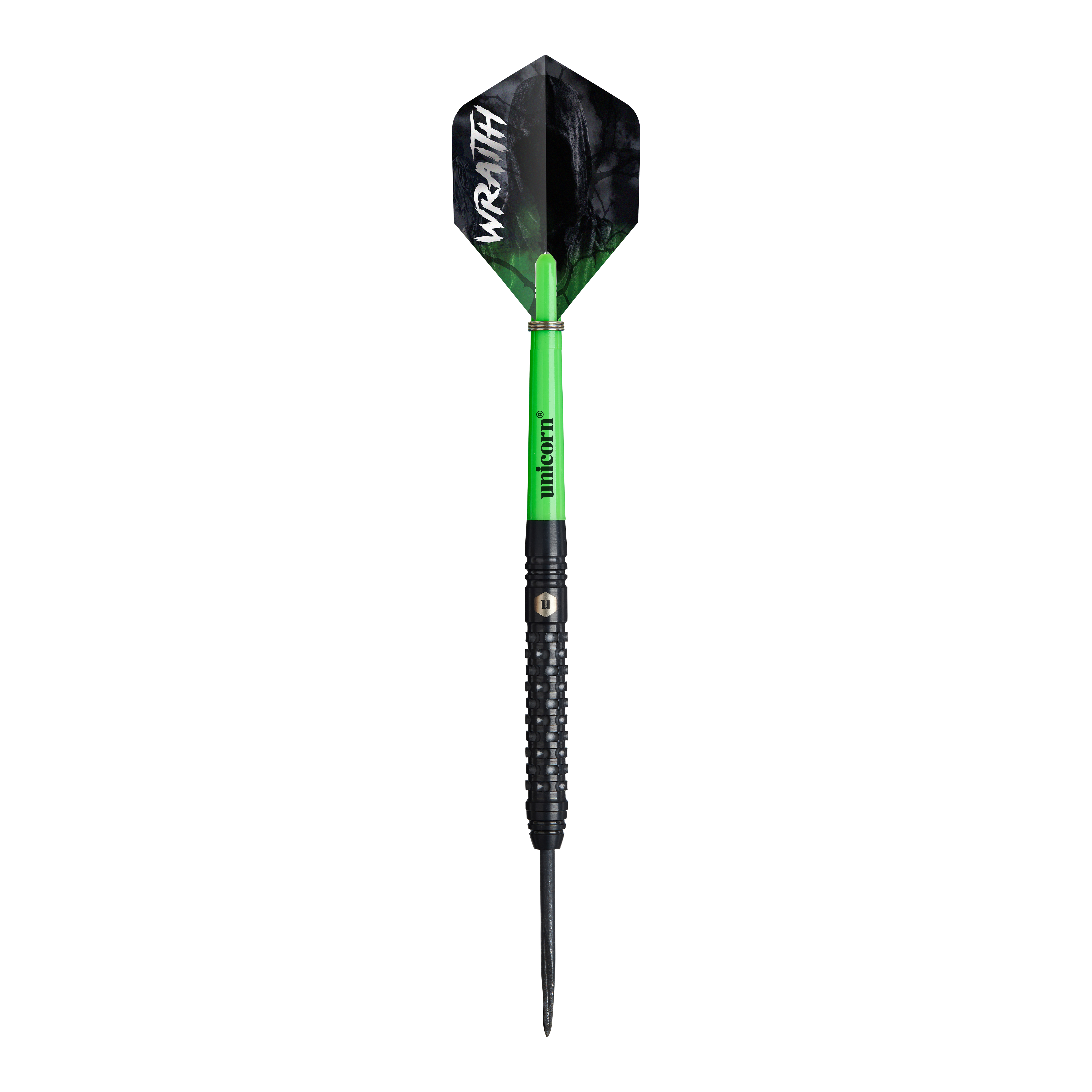 Fléchettes en acier Unicorn Wraith Das Bild zeigt einen Steeldart namens "Unicorn Wraith". Der Dart hat einen grünen Schaft, einen schwarzen Griff und eine schwarze Flight mit der weißen Aufschrift „WRAITH“.
