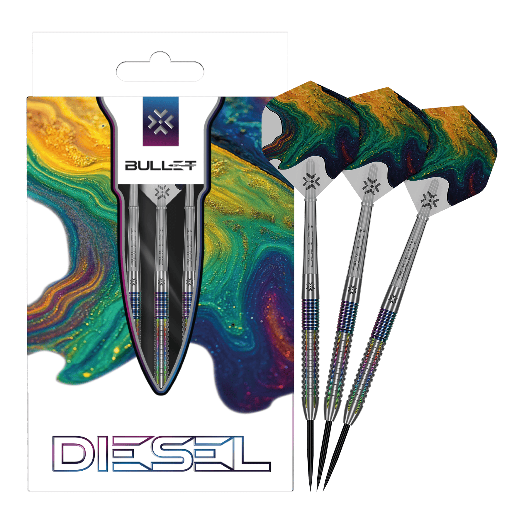Dies ist ein Bild der Bullet Diesel V2 Steel Darts. Die Darts sind für den Einsatz beim Steeldart geeignet.