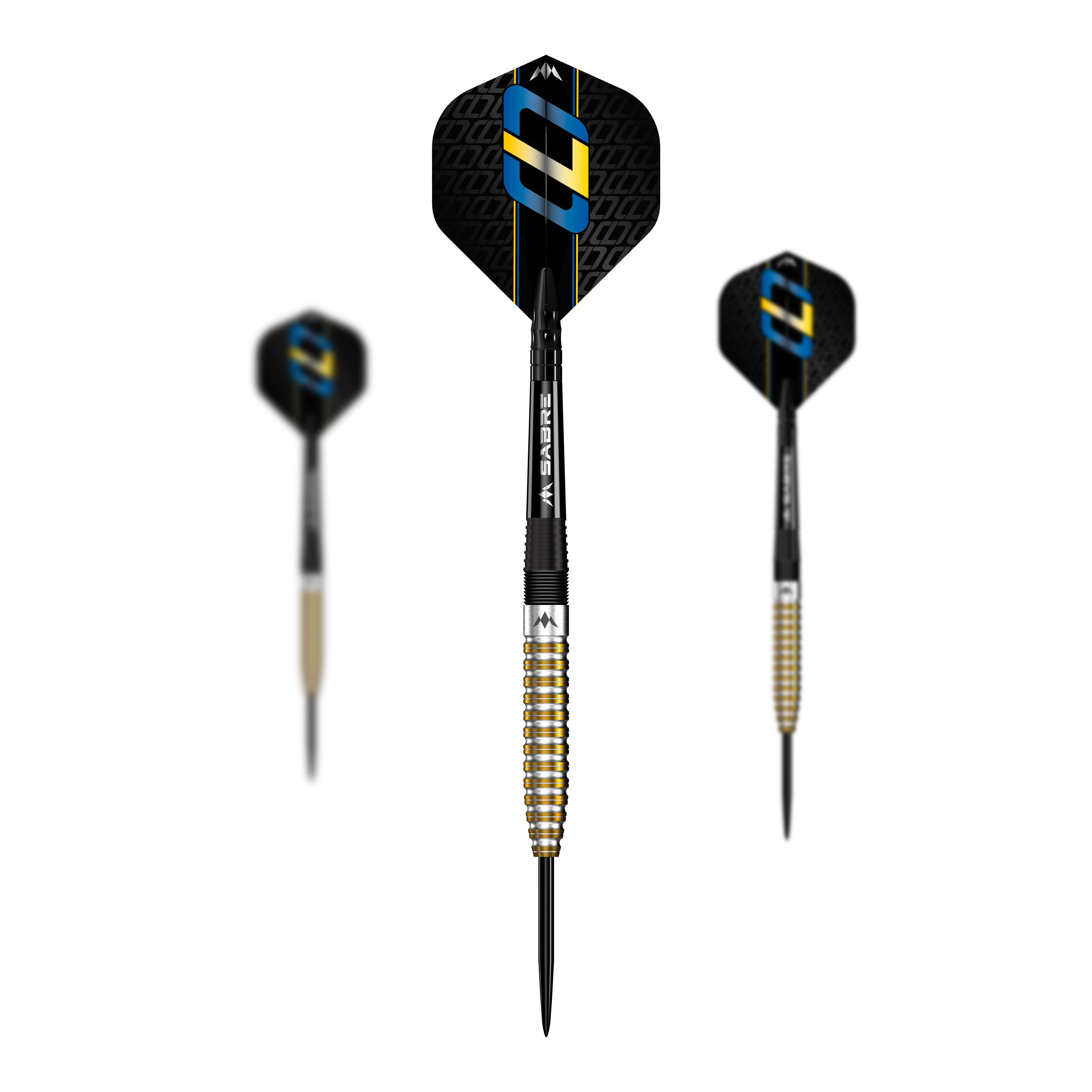 Fléchettes en acier Mission Oskar Lukasiak Black Gold PVD - 22 g Das Bild zeigt drei Steeldarts des Modells "Mission Oskar Lukasiak Black Gold PVD" mit einem Gewicht von 22g. Die Darts haben ein schwarz-goldenes Design und auffällige Flights mit blauen und goldenen Akzenten.