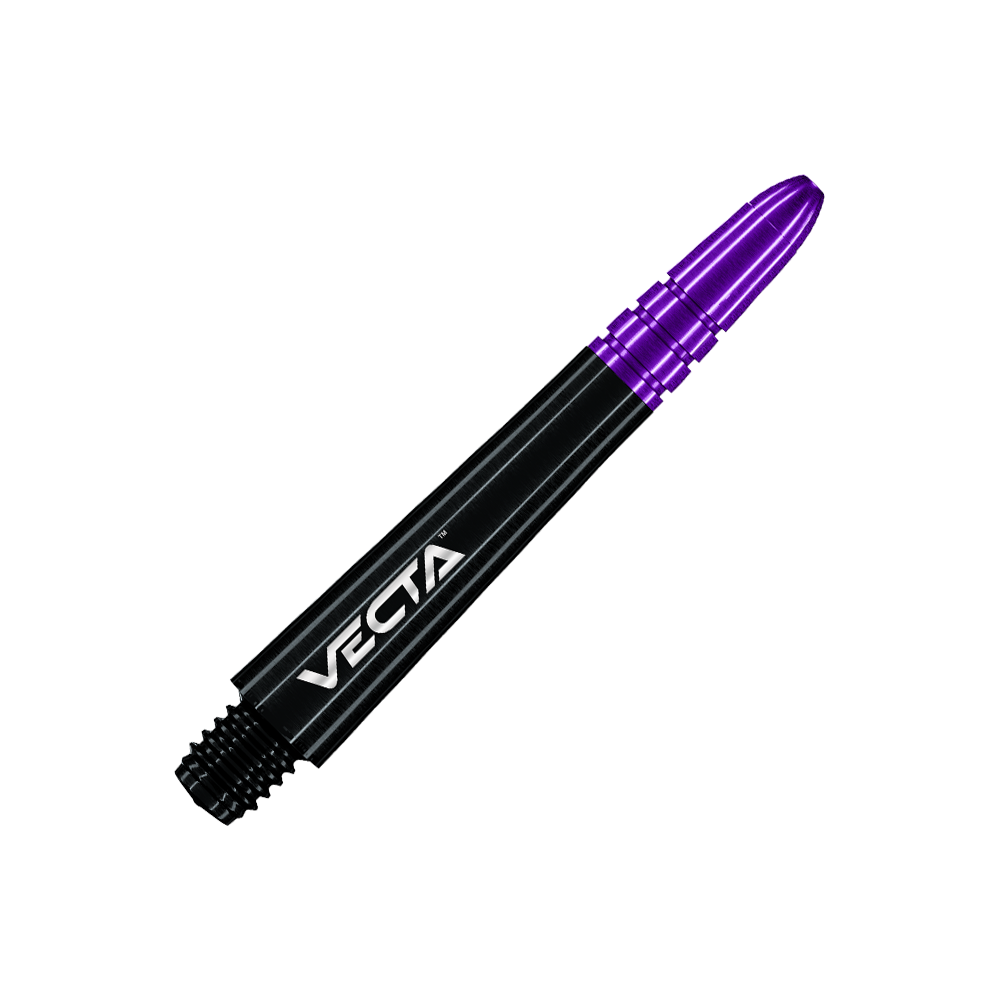 Winmau Vecta Shafts - Schwarz Lila Das Bild zeigt einen schwarzen Dartshaft mit einer lila Spitze. Auf dem Schaft steht das Wort "VECTA" in weißen Buchstaben.