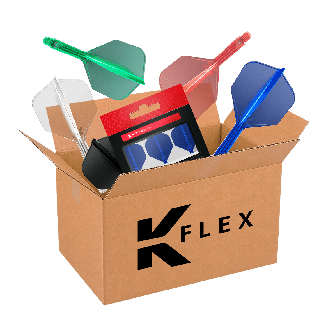 Boîte mystère McDart - K-Flex Auf dem Bild ist die McDart Mystery-Box mit K-Flex-Zubehör zu sehen. Die Mystery-Box enthält verschiedene Überraschungsartikel für Dartspieler.