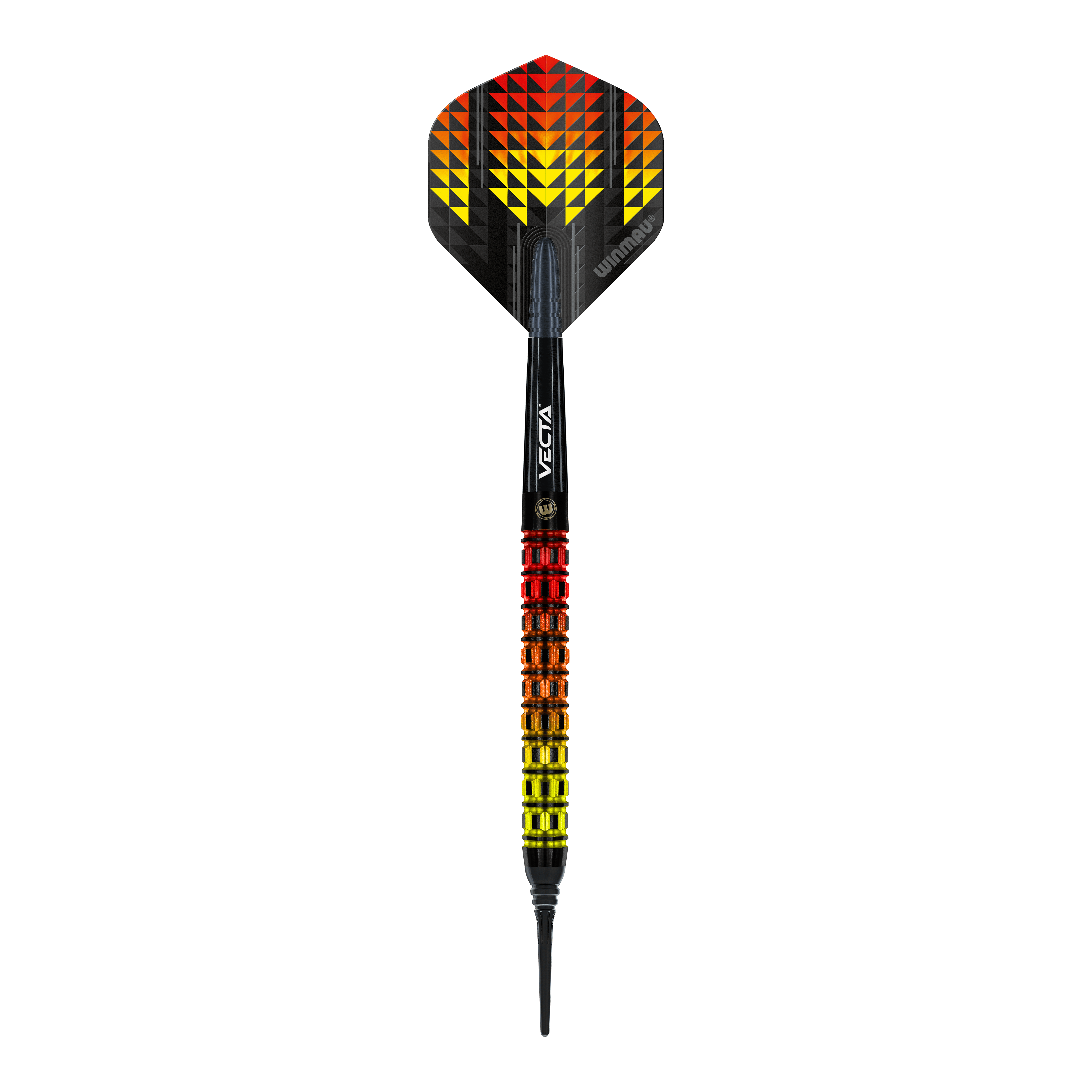 Fléchettes souples parallèles Winmau Firestorm Flame - 20 g Das Bild zeigt einen Winmau Firestorm Flame Parallel Softdart mit einem Gewicht von 20g. Der Dart hat ein auffälliges Design mit gelben, orangefarbenen und roten Flammenmustern.