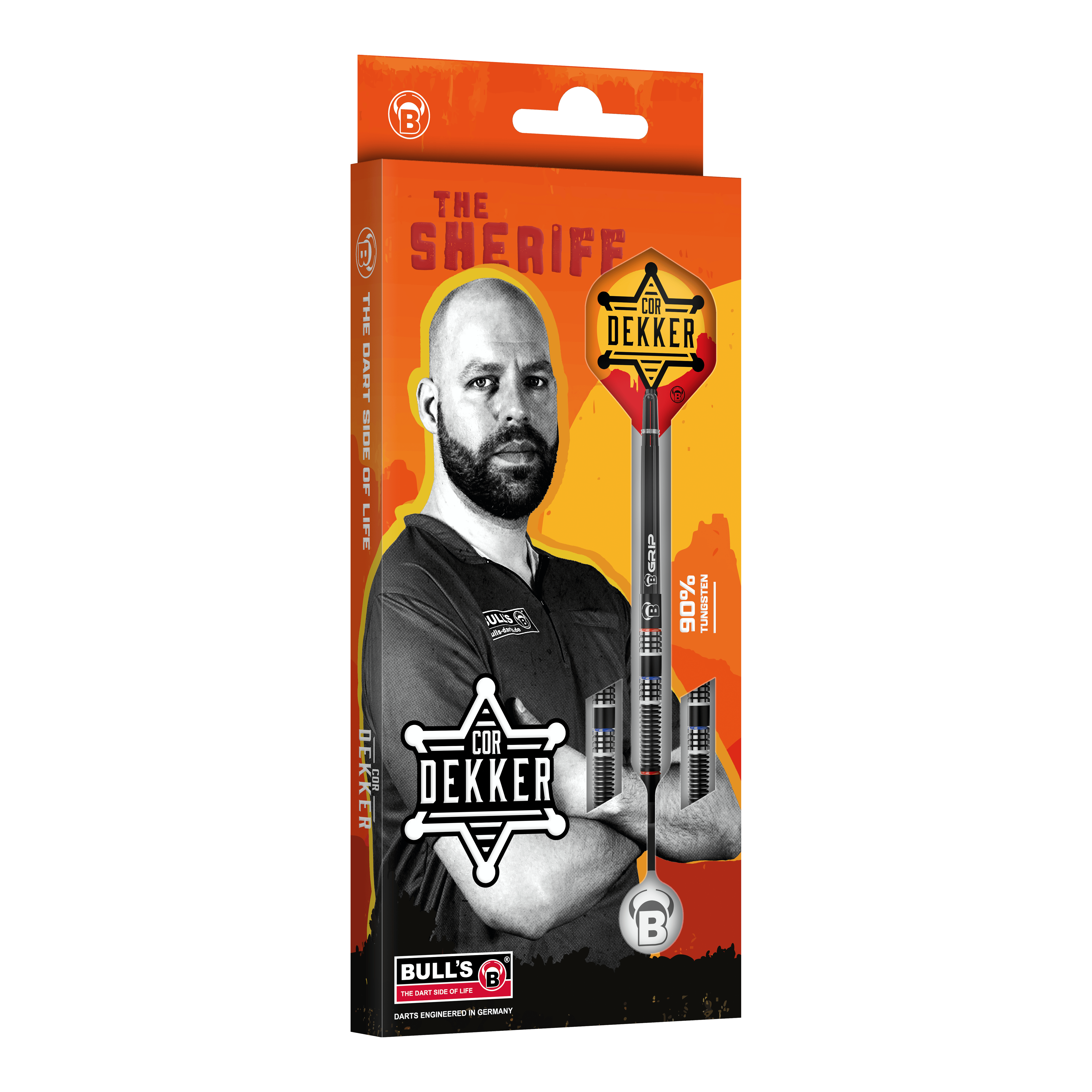 Auf dem Foto sind die Bulls Cor Dekker The Sheriff Softdarts - 20g zu sehen. Die Softdarts sind aus einer anderen Perspektive abgebildet.