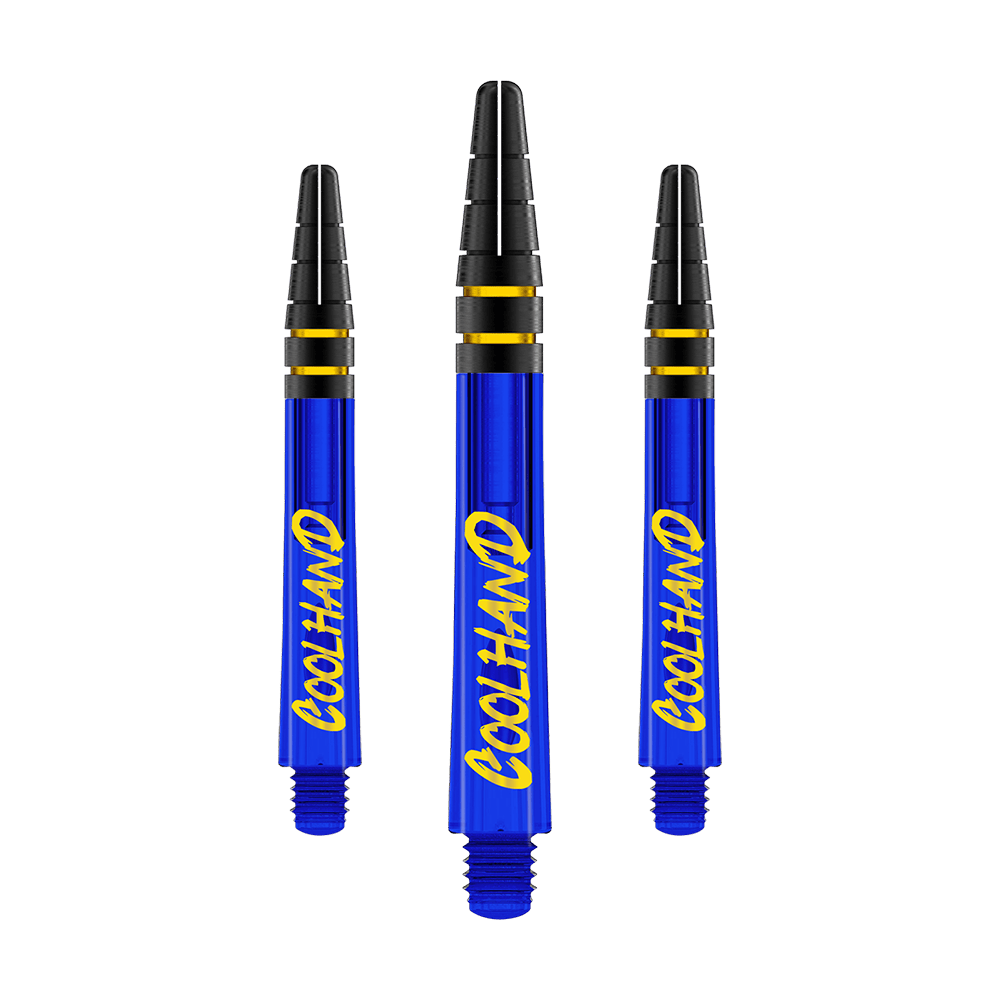Tiges Red Dragon Nitrotech Luke Humphries Coolhand - Bleues Das Bild zeigt drei blaue Dartschäfte mit der gelben Aufschrift "COOLHAND". Die Schäfte haben schwarze und goldene Ringe am oberen Ende.