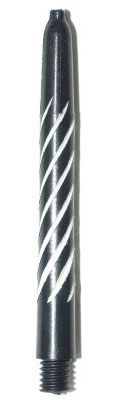 Dies ist ein schwarzer Nylon-Schaft für Darts mit weißen, spiralförmigen Linien. Das Produkt trägt den Namen "Spiroline Nylon Shafts (ohne Ring) Schwarz/Weiß".