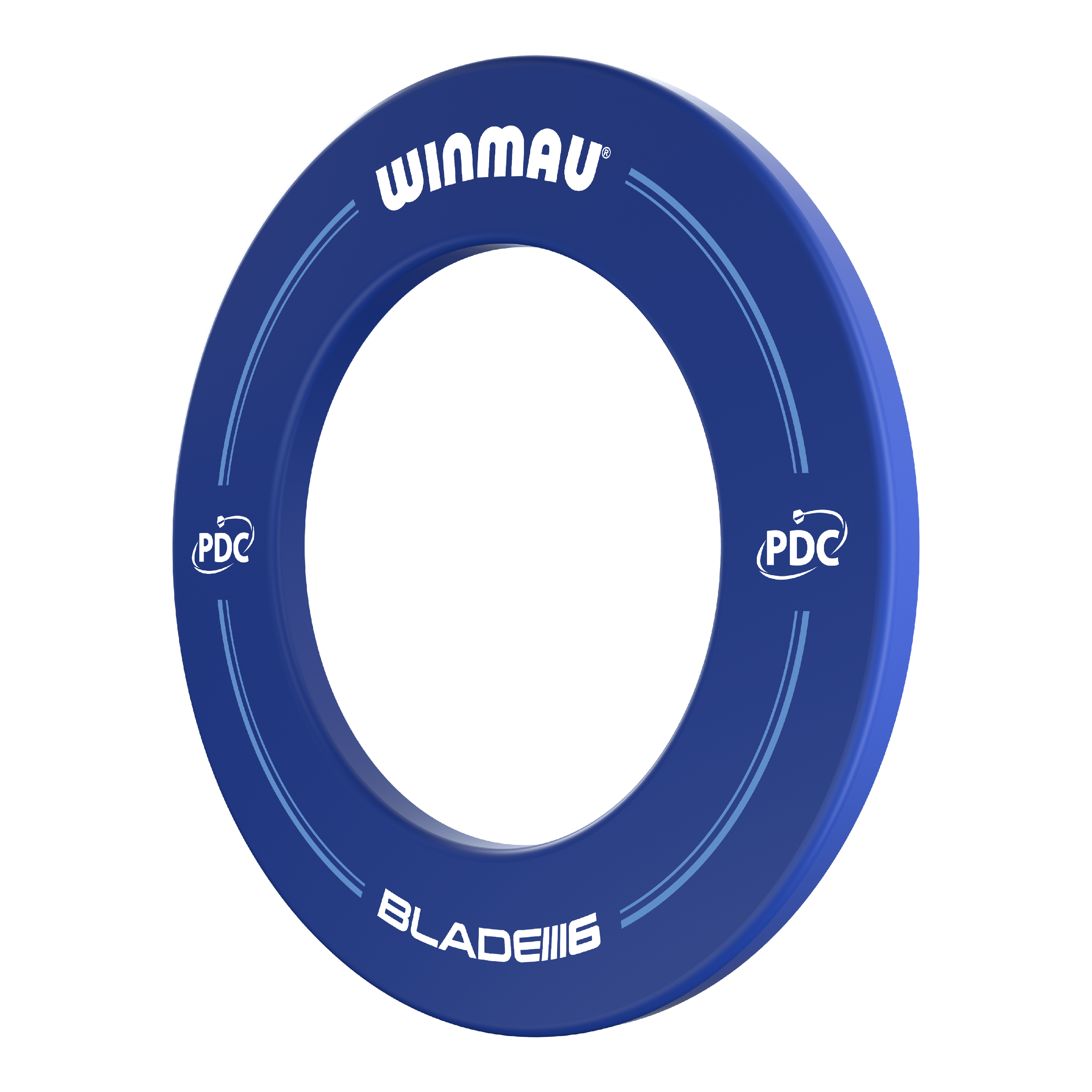 Cadre de fléchettes Winmau PDC - Bleu Das Bild zeigt einen blauen Dartboard-Surround der Marke Winmau mit der Aufschrift "PDC" und "Blade 6". Er schützt die Wand rund um die Dartscheibe vor Treffern.