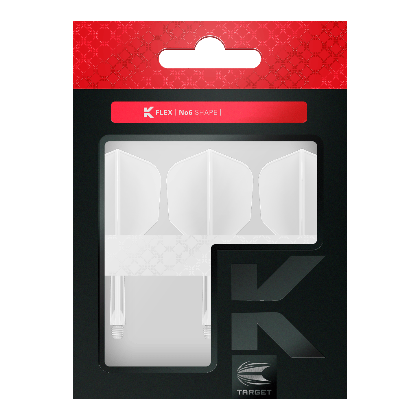 Système de vol Target K-Flex n° 6 - Blanc Das Bild zeigt eine Verpackung mit drei weißen Dartflights im No6-Format der Marke Target. Die Verpackung ist überwiegend schwarz mit einem roten oberen Bereich und einem Sichtfenster für die Flights.