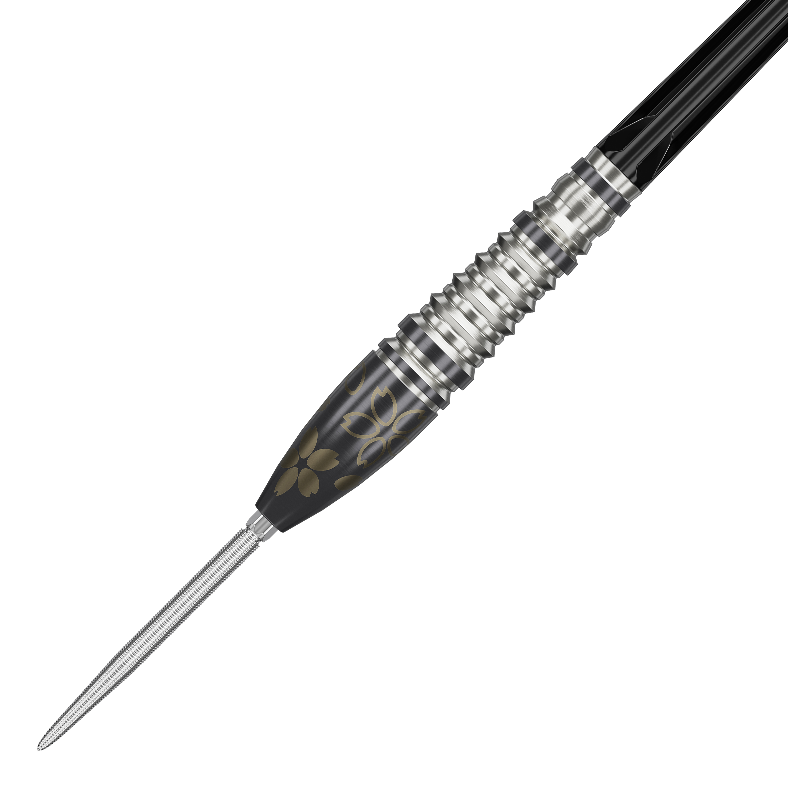 Dies ist ein Target Japan Junya Koikawa Charm Smash GEN3 Swiss Point Steeldart mit einem Gewicht von 23g. Der Dart hat ein elegantes Design mit silbernen Rillen und schwarzen sowie goldenen Verzierungen.