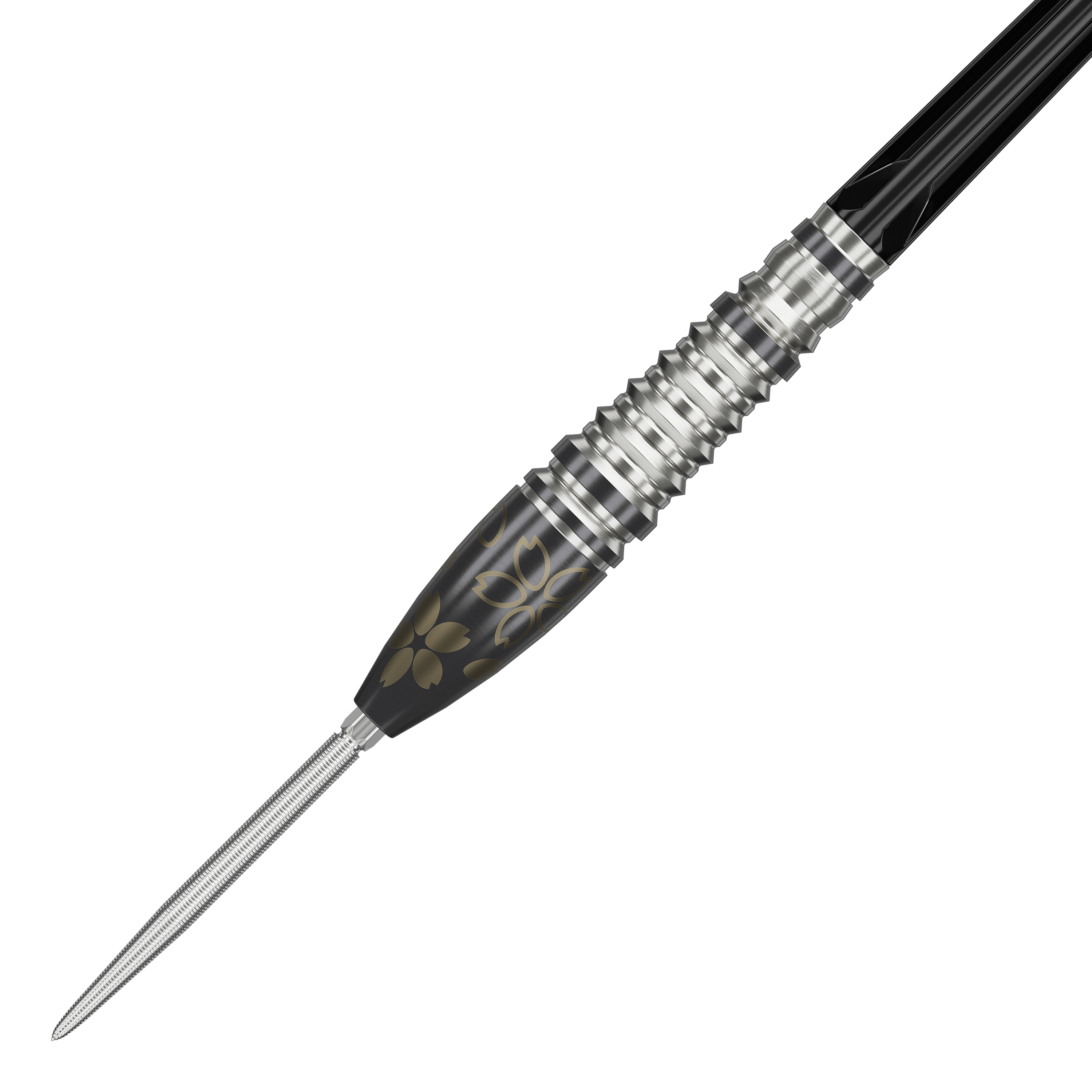 Fléchettes en acier Target Japan Junya Koikawa Charm Smash GEN3 Swiss Point - 23 g Dies ist ein Target Japan Junya Koikawa Charm Smash GEN3 Swiss Point Steeldart mit einem Gewicht von 23g. Der Dart hat ein elegantes Design mit silbernen Rillen und schwarzen sowie goldenen Verzierungen.