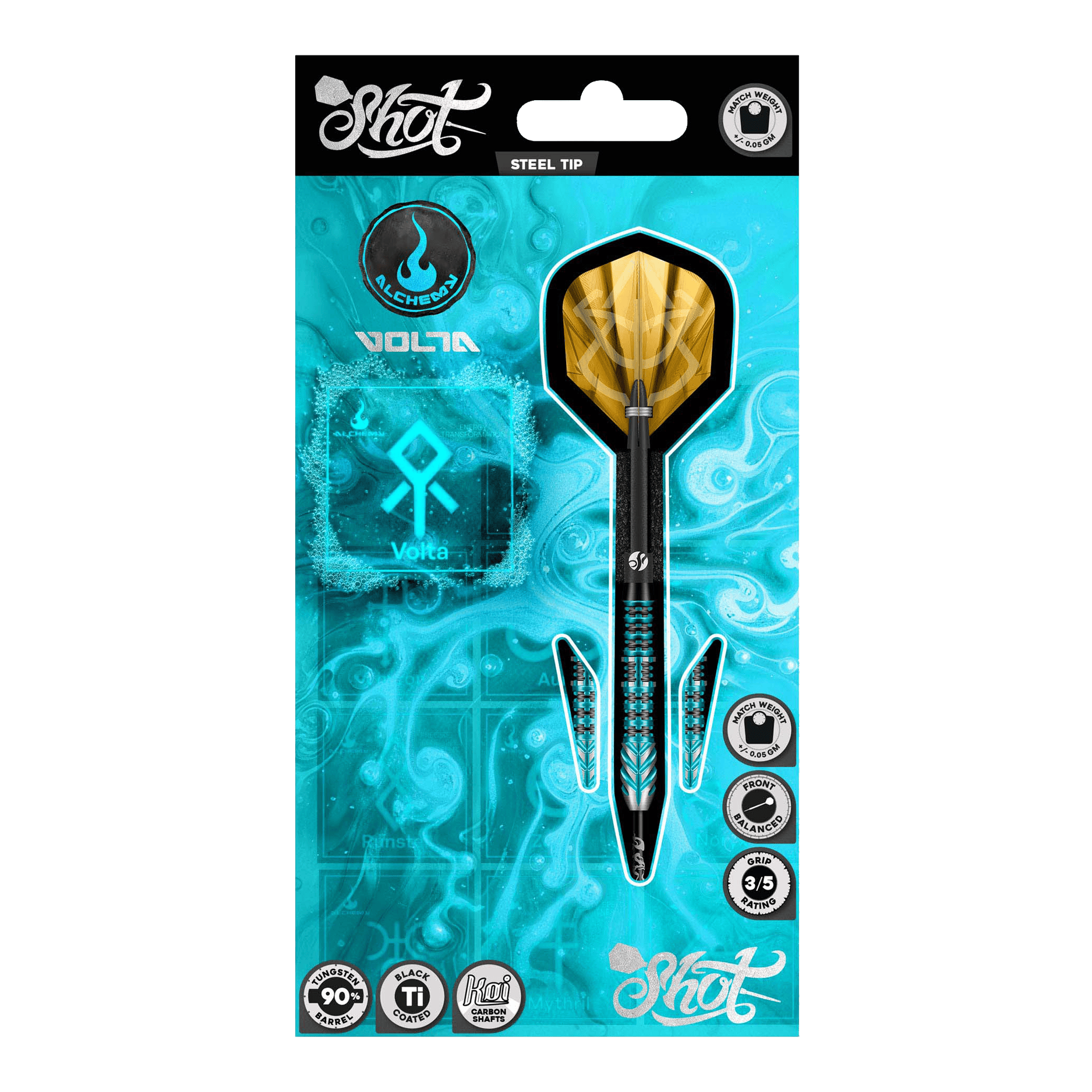 Fléchettes en acier Shot Alchemy Volta Gezeigt werden die Shot Alchemy Volta Steeldarts. Das Produkt ist zum Spielen auf Steeldart-Scheiben geeignet.