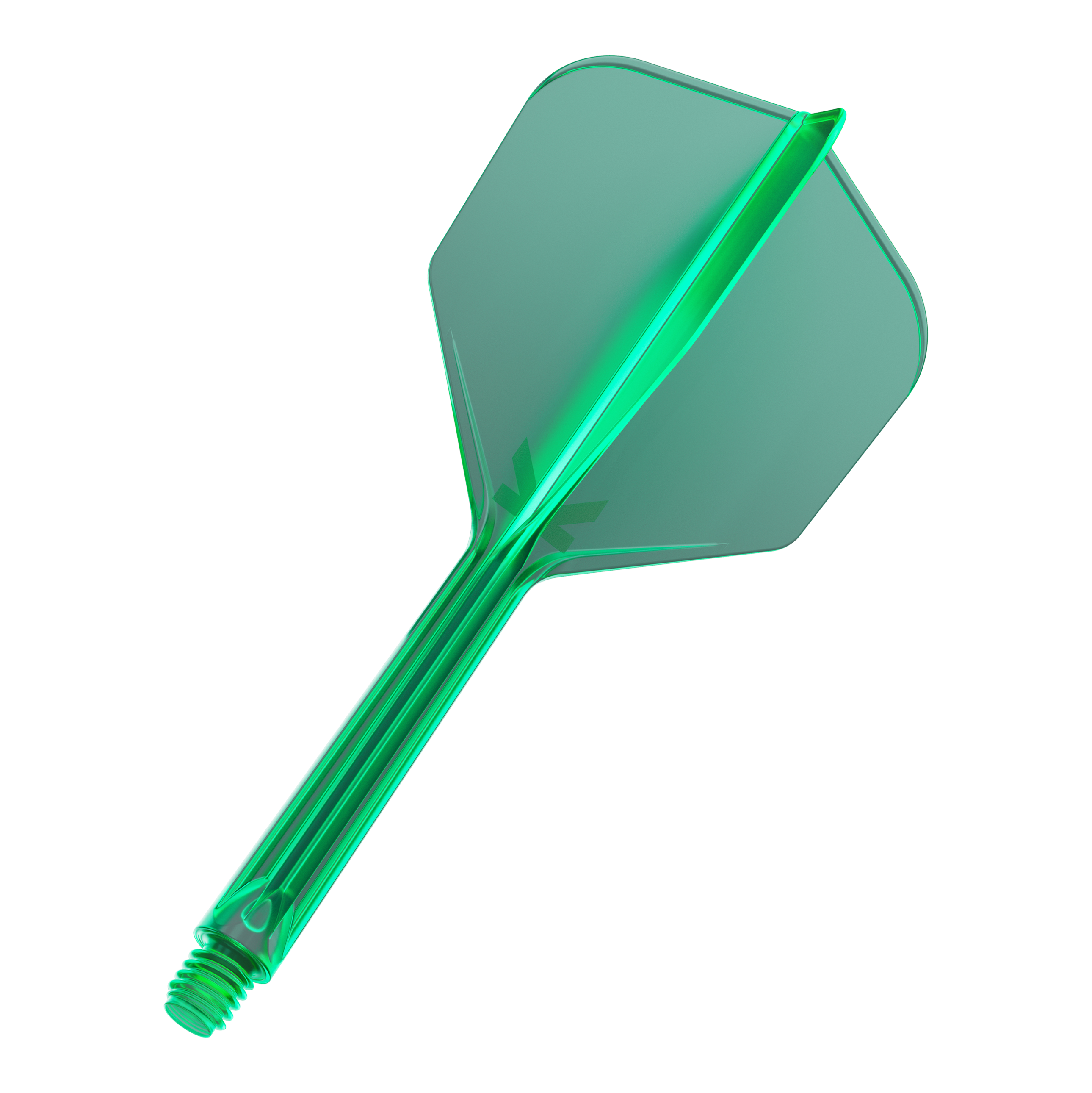 Système de vol Target K-Flex No6 - Vert Das Bild zeigt einen grünen Dart-Flügel mit Schaft. Er ist transparent und hat eine Schraubverbindung am unteren Ende.