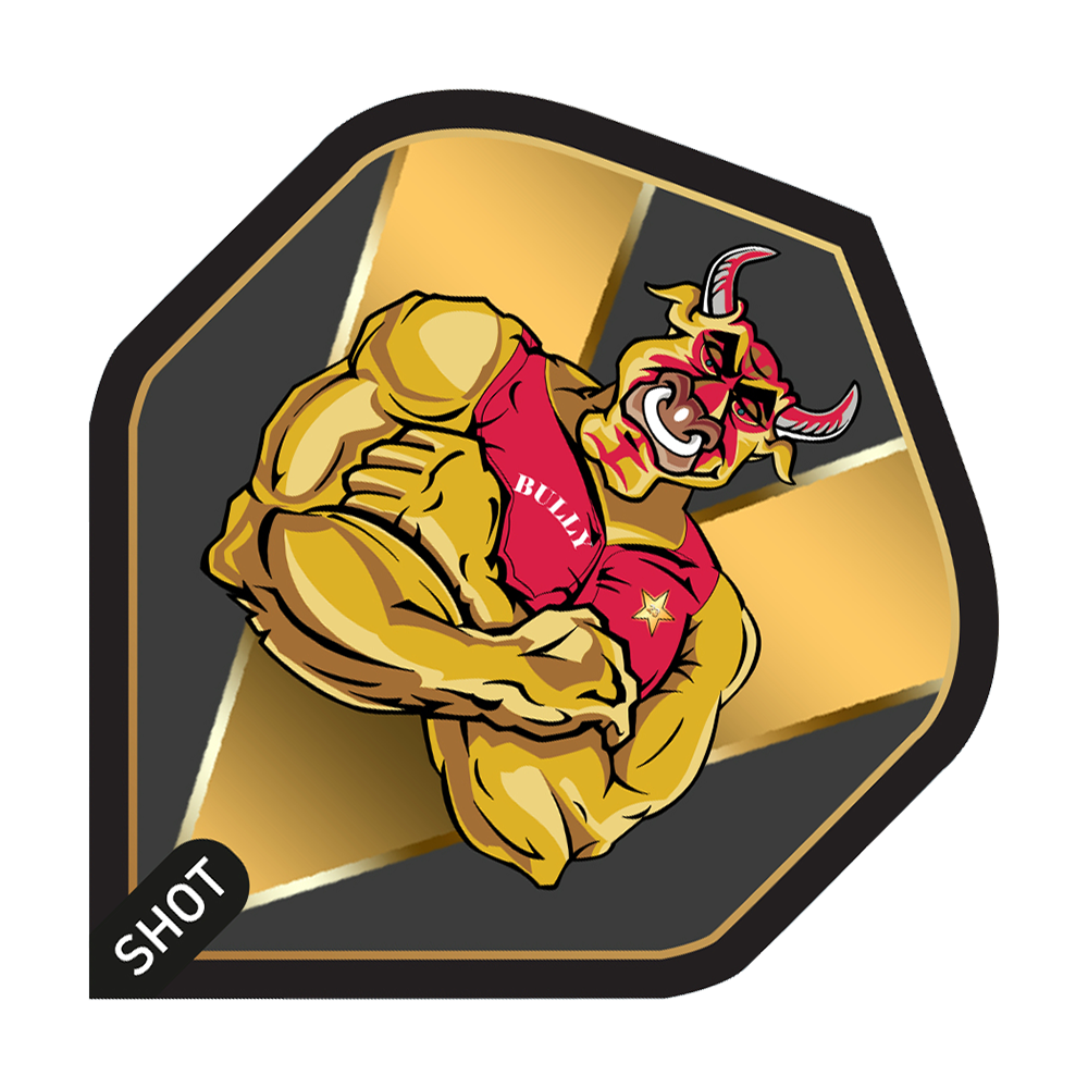Shot de Michael Smith Bully Boy Gold Standard Flights Das Bild zeigt ein Dartflight-Design mit einem muskulösen Stier im roten Trikot, auf dem "BULLY" steht. Im Hintergrund sind goldene und schwarze Farbakzente sowie das Logo "SHOT" zu sehen.