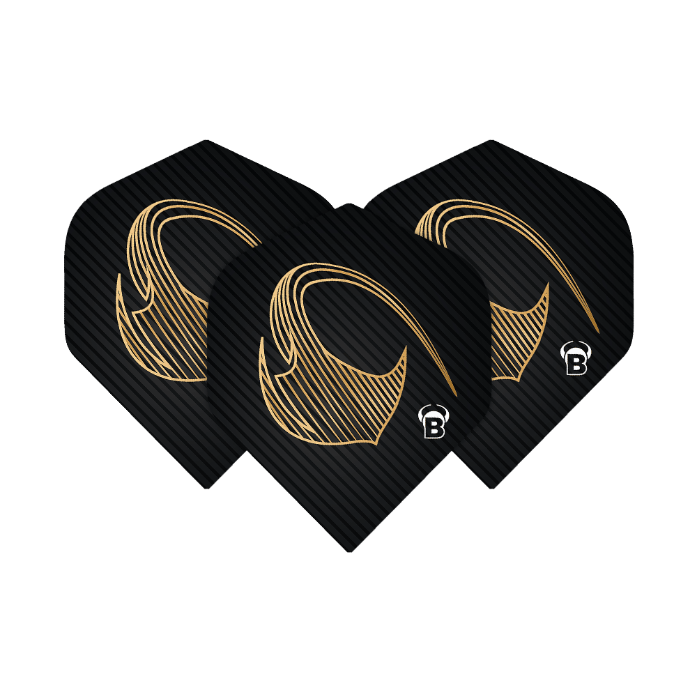 Vols standards Bulls Metrixx Stingray n°2 Das Bild zeigt drei schwarze Dart-Flights mit einem goldenen Muster und dem Buchstaben "B" in der Ecke. Es handelt sich um die Bulls Metrixx Stingray No2 Standard Flights.