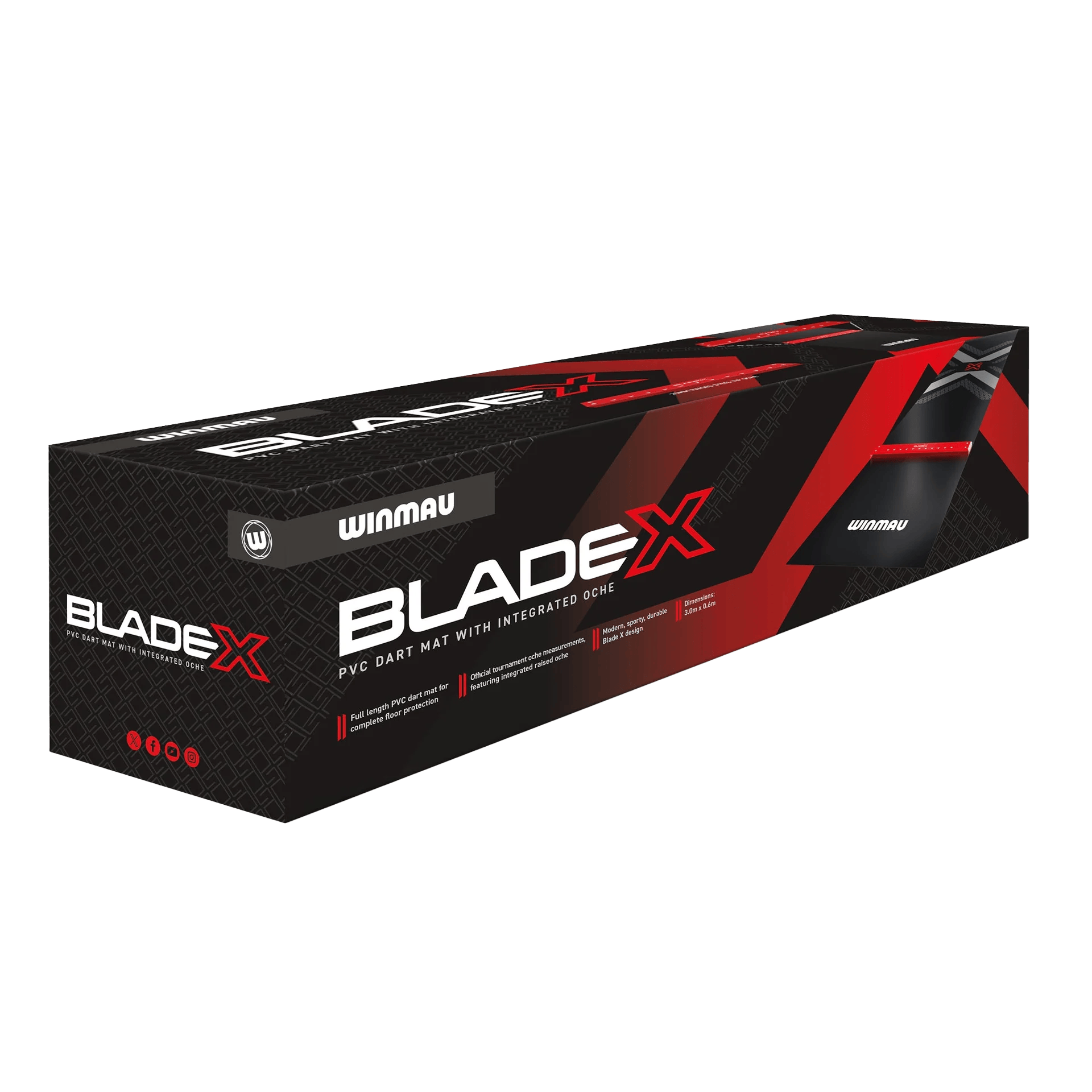 Tapis de fléchettes Winmau Blade X en PVC Dieses Bild präsentiert die Winmau Blade X PVC Dartmatte. Sie bietet festen Halt und verhindert Schäden am Boden beim Dartspielen.