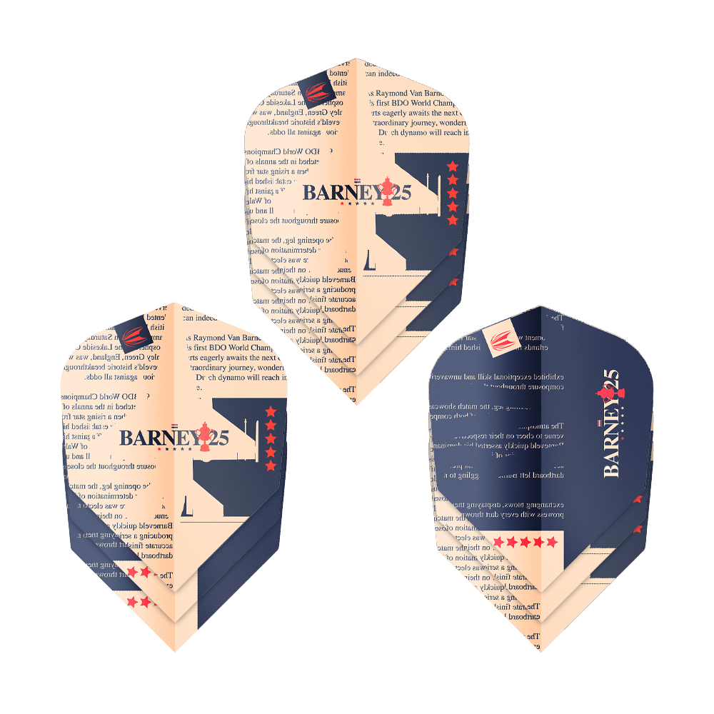 Target ProUltra Raymond Van Barneveld Barney25 No6 Vols Das Bild zeigt drei Dart-Flights des Produkts "Target ProUltra Raymond Van Barneveld Barney25 No6". Die Flights sind in Dunkelblau und Beige gestaltet und mit Text, Sternen sowie der Aufschrift "BARNEY25" verziert.