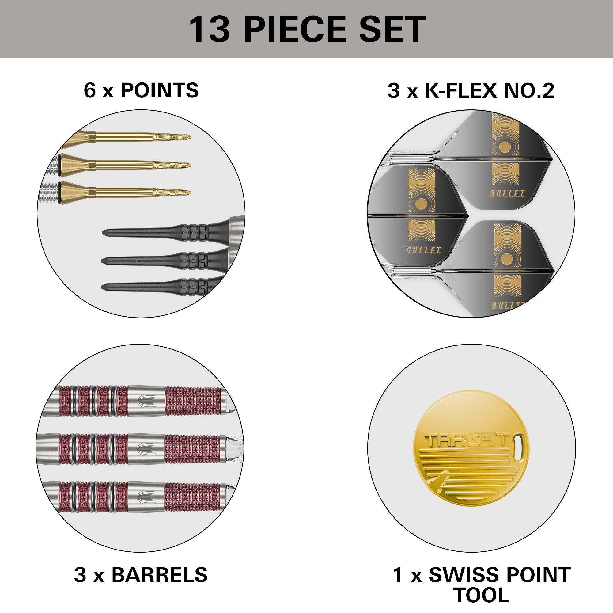 Fléchettes souples Target Stephen Bunting 95K - 19 g Das Bild zeigt ein 13-teiliges Set des Produkts "Target Stephen Bunting 95K Softdarts - 19g". Enthalten sind 6 Spitzen, 3 K-Flex No.2 Flights, 3 Barrels und 1 Swiss Point Tool.