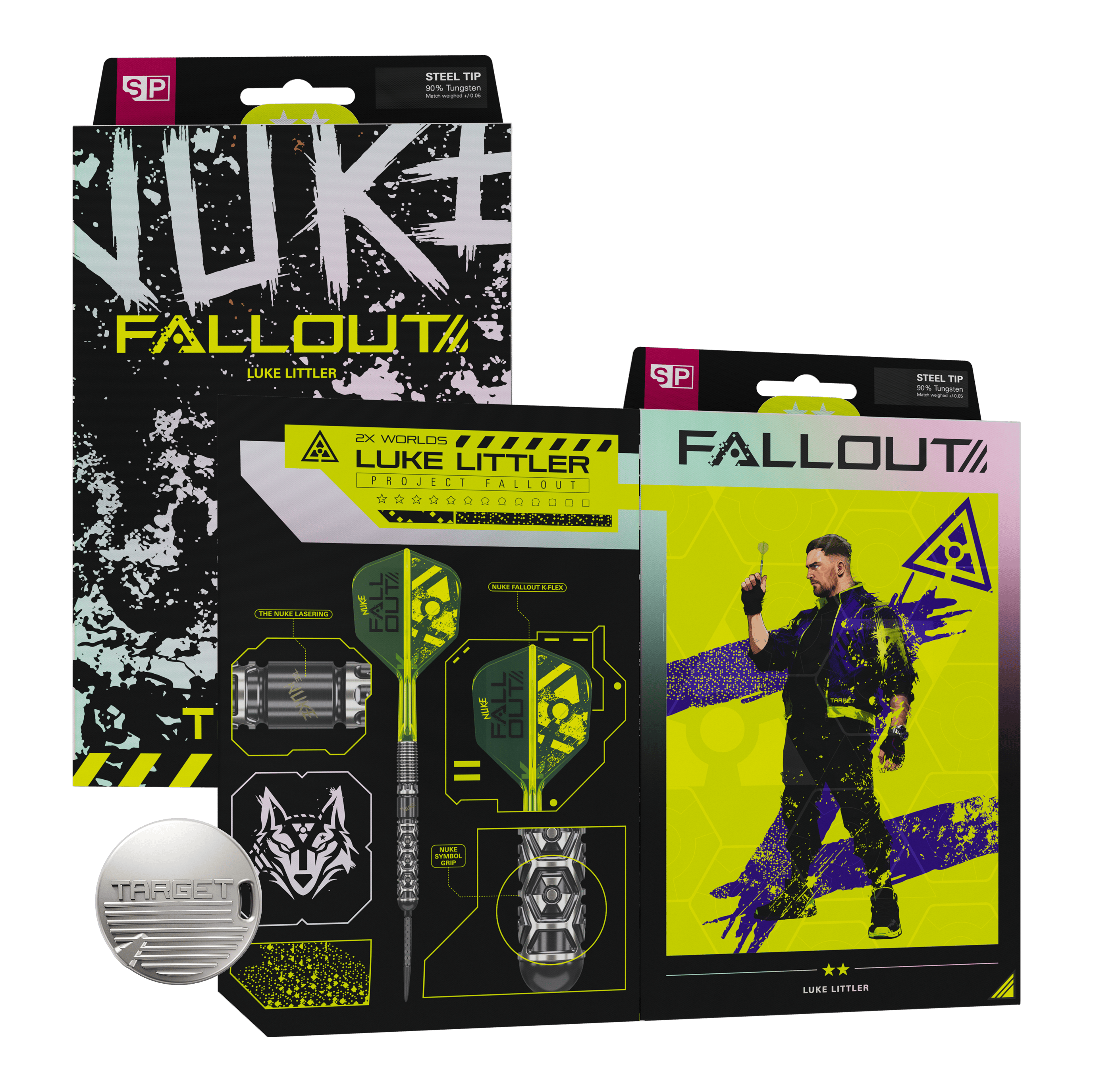 Target Luke Littler Nuke Fallout Swiss Points Steeldarts Das Bild zeigt die Target Luke Littler Nuke Fallout Swiss Points Steeldarts. Die Darts haben ein modernes Design und sind für präzises Spiel entwickelt.