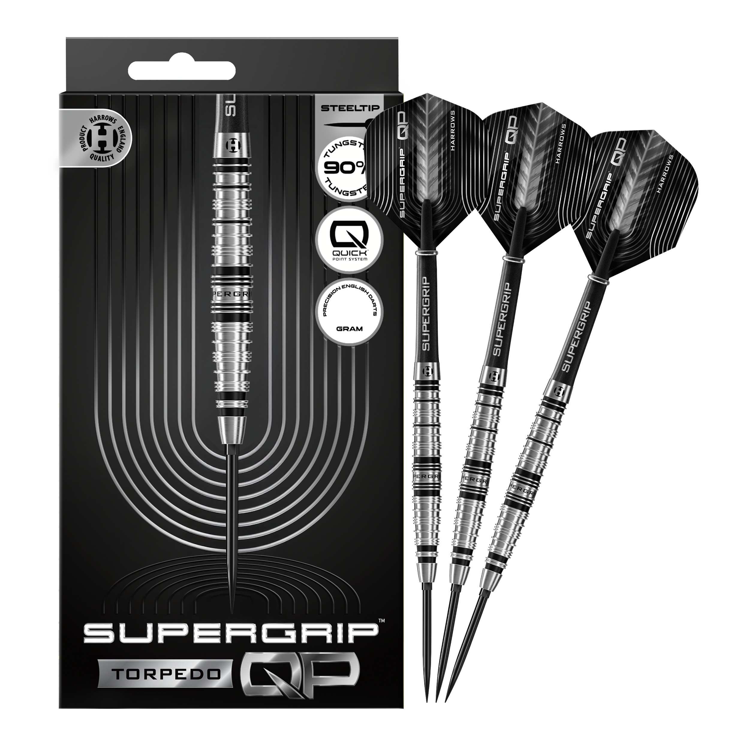 Fléchettes en acier Harrows Supergrip Torpedo Quick Point Abgebildet sind Harrows Supergrip Torpedo Quick Point Steeldarts. Die Steeldarts sind vollständig dargestellt.