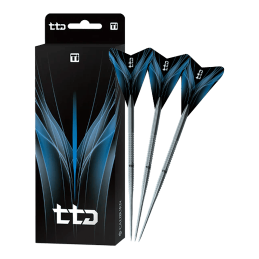 Das Bild zeigt die Caliburn TTD Complete Titanium T1 Silver Steeldarts - 5g. Es handelt sich um hochwertige silberne Steeldarts aus Titan.