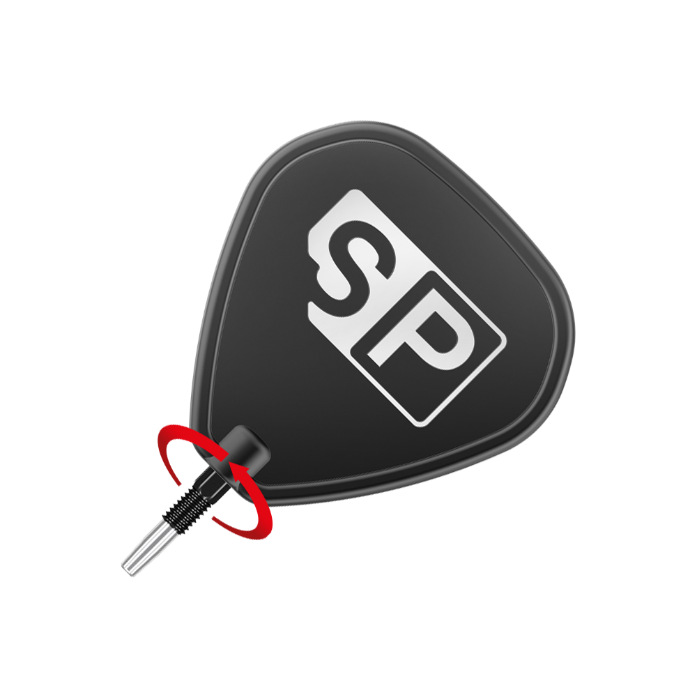 Target Swiss Point Nano Dartspitzen - Black Das Bild zeigt eine schwarze Dartspitze mit einem weißen "SP"-Logo darauf. Ein roter Pfeil deutet auf eine Drehbewegung am unteren Teil der Spitze hin.