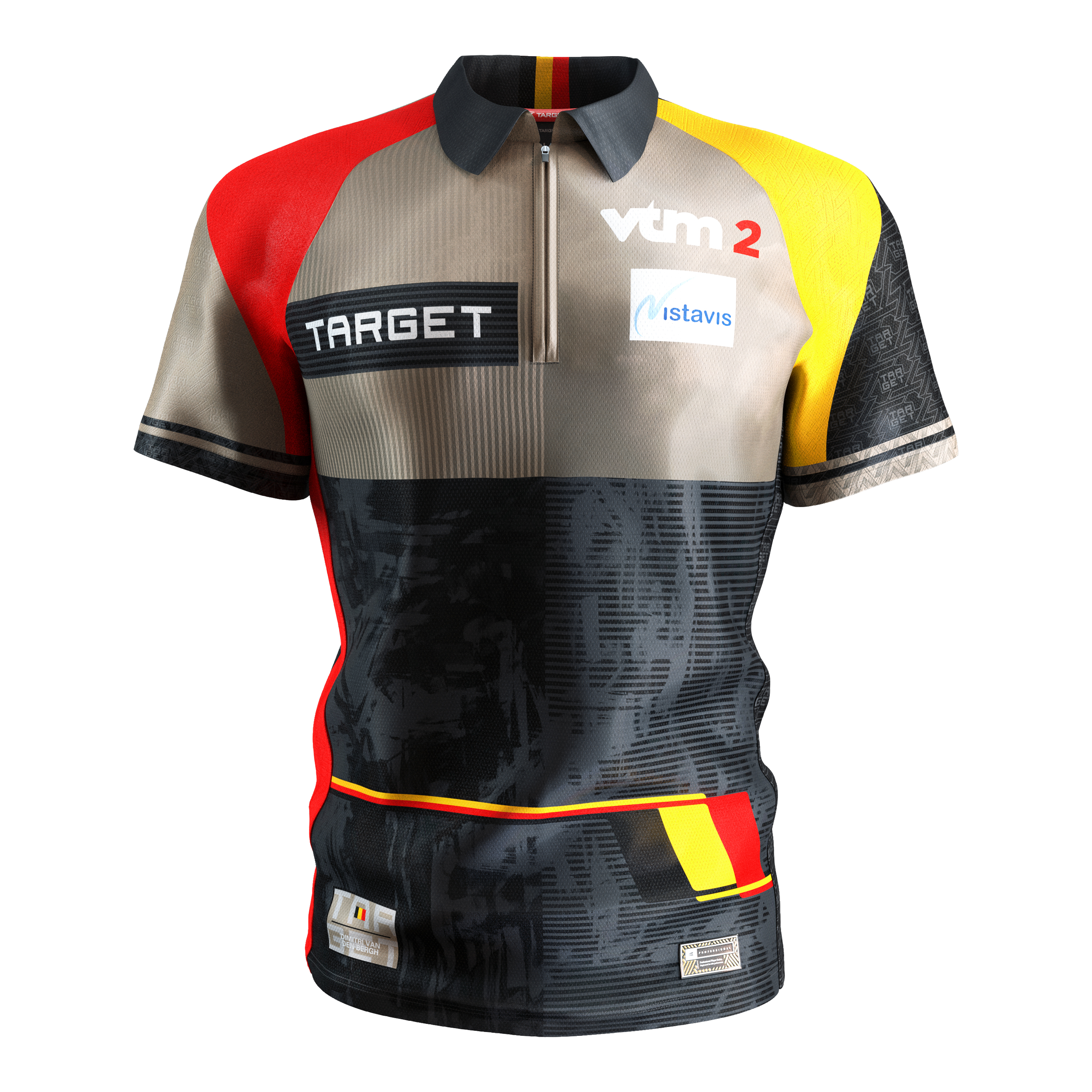 Chemise de fléchettes Target Coolplay Dimitri Van Den Bergh 2025 Das Bild zeigt das "Target Coolplay Dimitri Van Den Bergh 2025 Dartshirt". Das Shirt ist bunt gestaltet mit den Farben Schwarz, Rot, Gelb und Beige und trägt mehrere Sponsorenlogos.