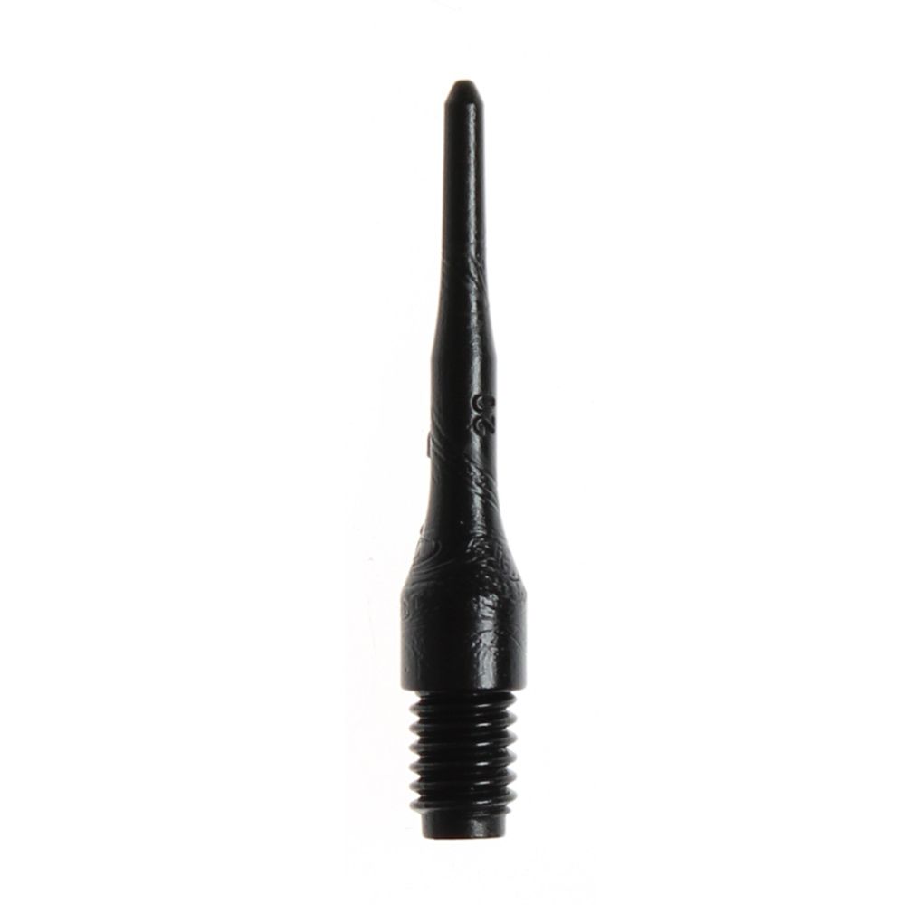 Evo-Long-Spitze-Schwarz5b44a1dc5714b Das Bild zeigt eine einzelne schwarze Dartspitze mit Gewinde. Es handelt sich um das Produkt "Evolution LONG-Spitzen (100er Pack)".
