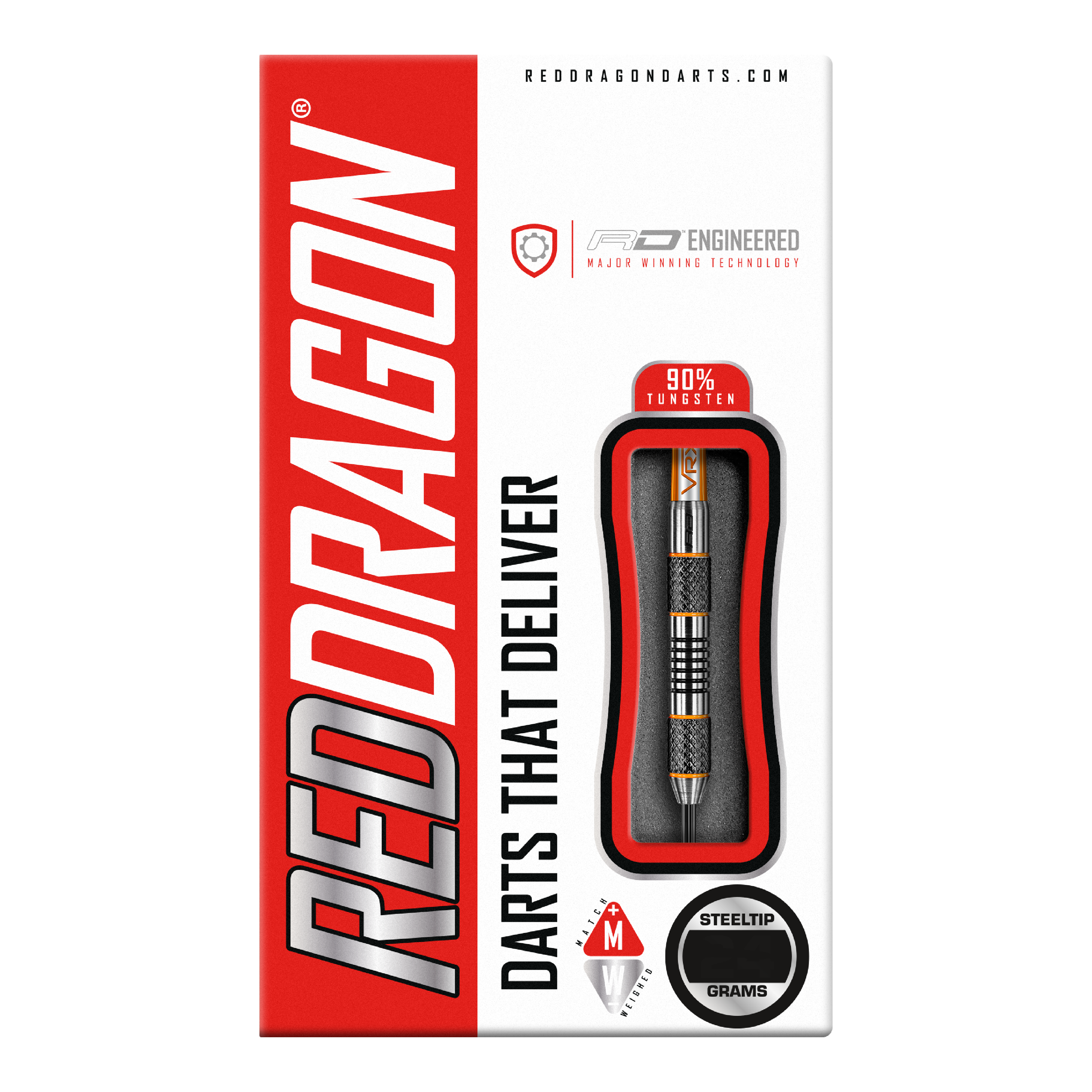 Fléchettes Red Dragon Amberjack 5 en acier - 24 g Die Abbildung zeigt die Verpackung der "Red Dragon Amberjack 5 Steeldarts - 24g". Auf der Packung sind ein sichtbarer Dartpfeil und die Aufschrift "Darts That Deliver" zu sehen.