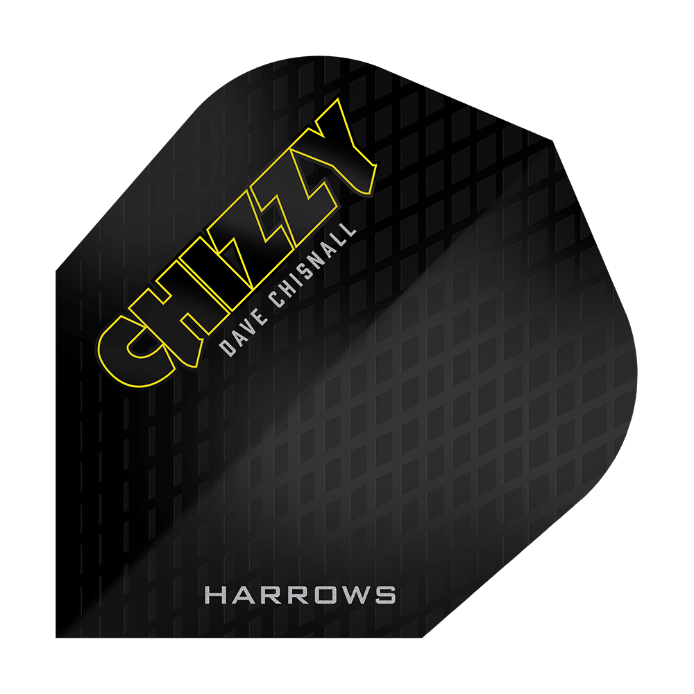 Les vols de la série 3 de Dave Chisnall Chizzy de Harrow Das Bild zeigt ein schwarzes Dartflight mit einem Muster und der Aufschrift "CHIZZY DAVE CHISNALL" in gelben und weißen Buchstaben. Unten steht außerdem das Wort "HARROWS".