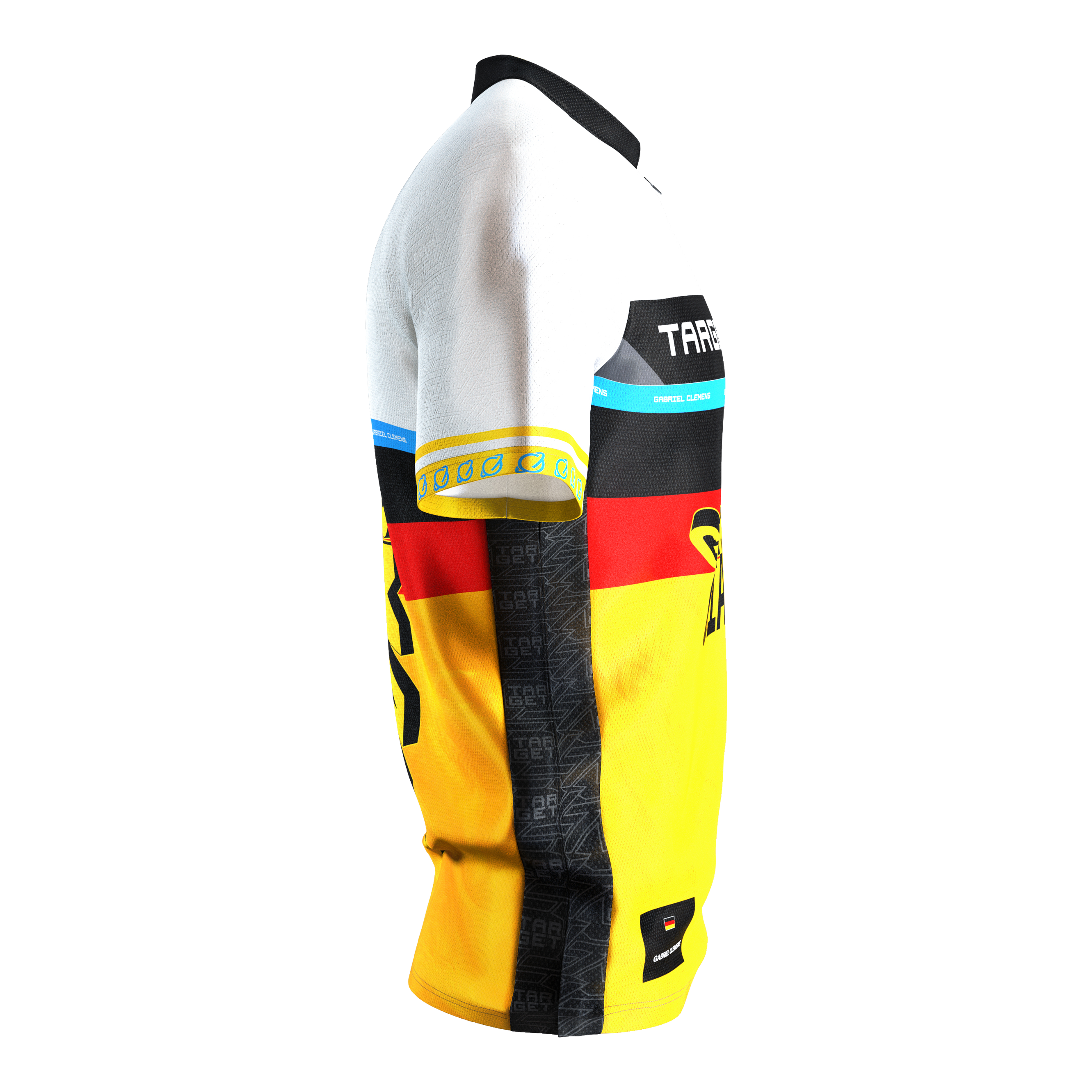 Maillot de fléchettes Target Coolplay Gabriel Clemens 2025 Das Bild zeigt das Target Coolplay Gabriel Clemens 2025 Dartshirt aus seitlicher Perspektive. Das Shirt ist überwiegend in Weiß, Schwarz, Rot und Gelb gehalten und trägt auffällige Designs sowie den Namen "Gabriel Clemens".