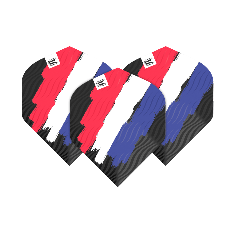 Das Bild zeigt drei Dartflights mit einem Design in den Farben Rot, Weiß und Blau. Die Flights haben ein stilisiertes Muster, das an die niederländische Flagge erinnert.