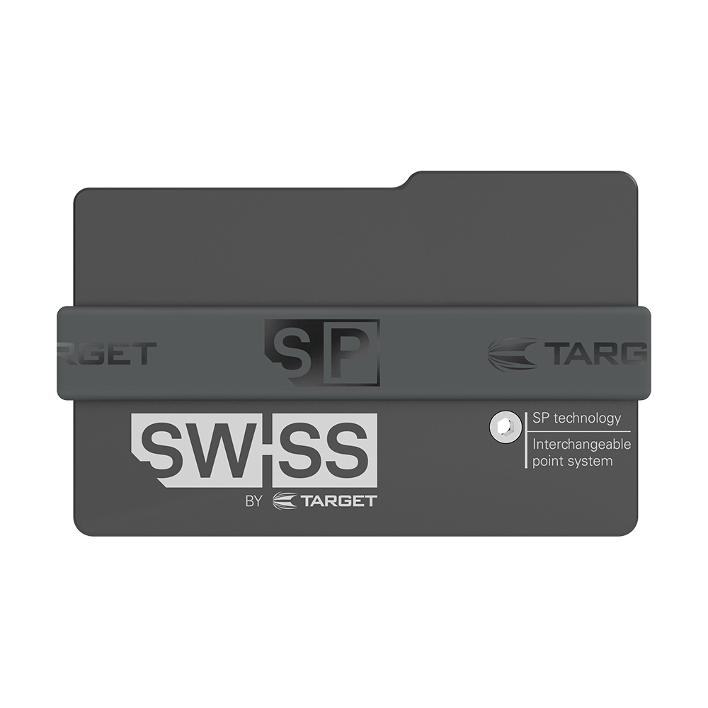 119648_Target_Swiss_Point_Safe_5 Das Bild zeigt das Produkt "Target Swiss Point Safe". Es ist eine schwarze Aufbewahrungsbox für Dartspitzen mit dem Aufdruck "SWISS by Target".