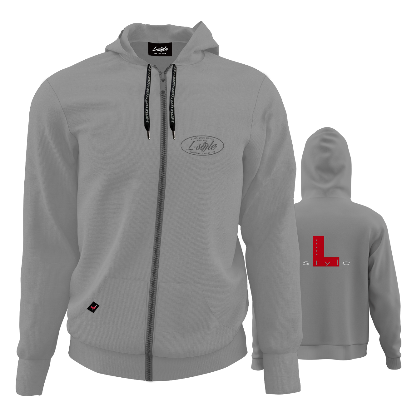 Sweat à capuche style L - Gris Der "L-Style Hoodie - Grau" ist ein grauer Kapuzenpullover mit Reißverschluss und schwarzem Kordelzug. Auf der Vorderseite befindet sich ein dezentes Logo, auf dem Rücken ein großes rotes "L" mit dem Schriftzug "style".